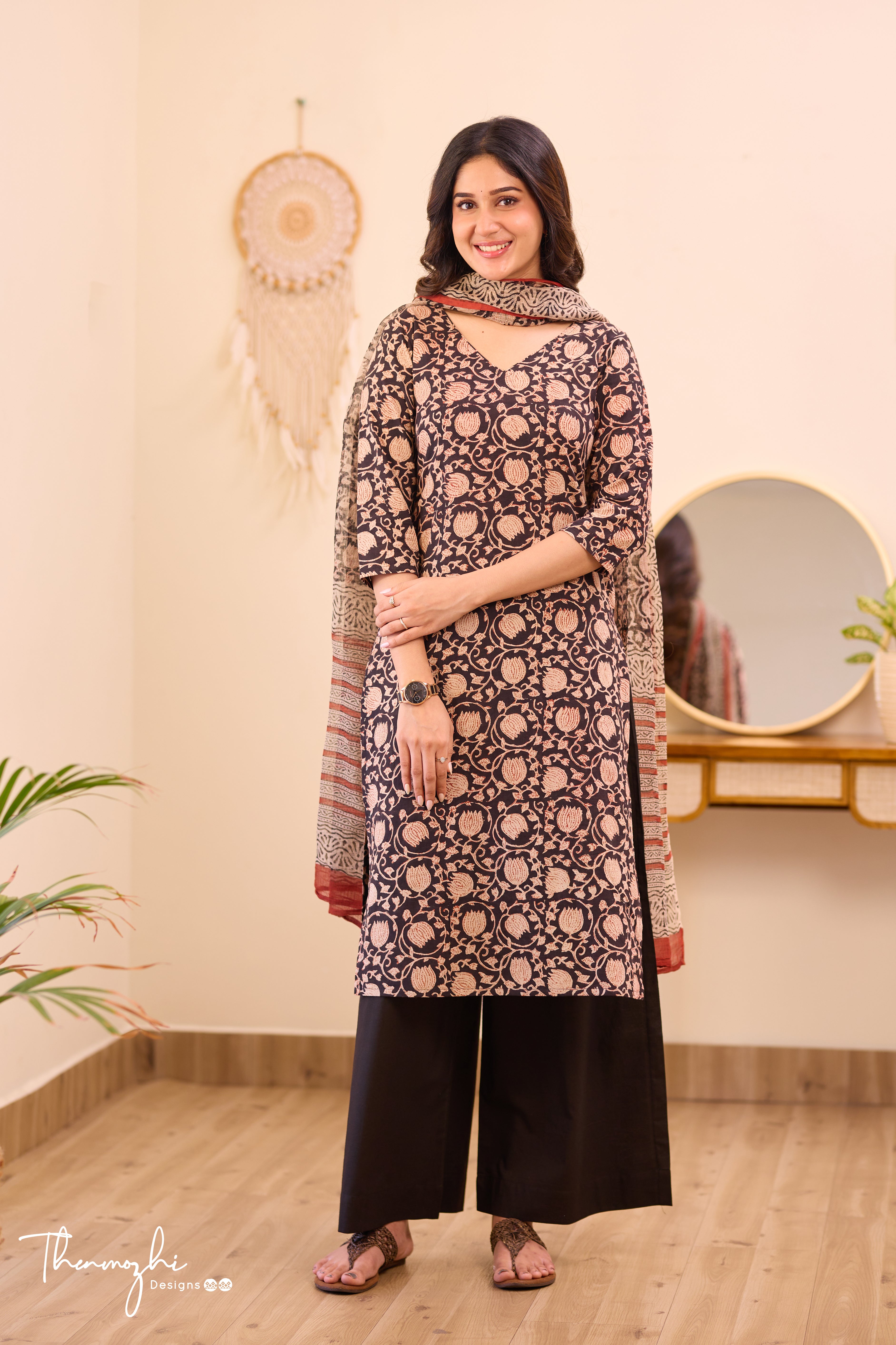 Black Floral - Black Cotton Suit Set With Kota Dupatta