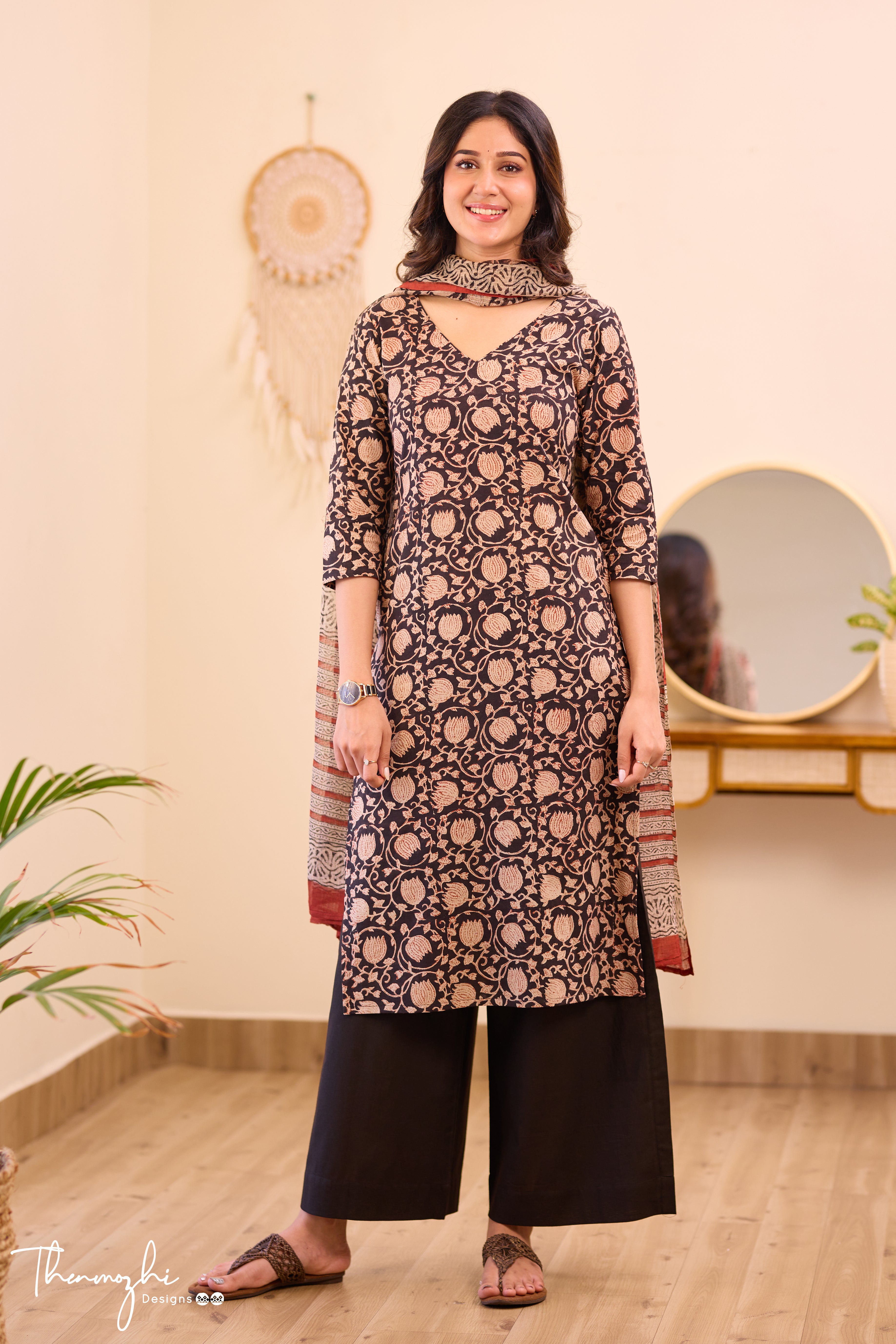Black Floral - Black Cotton Suit Set With Kota Dupatta