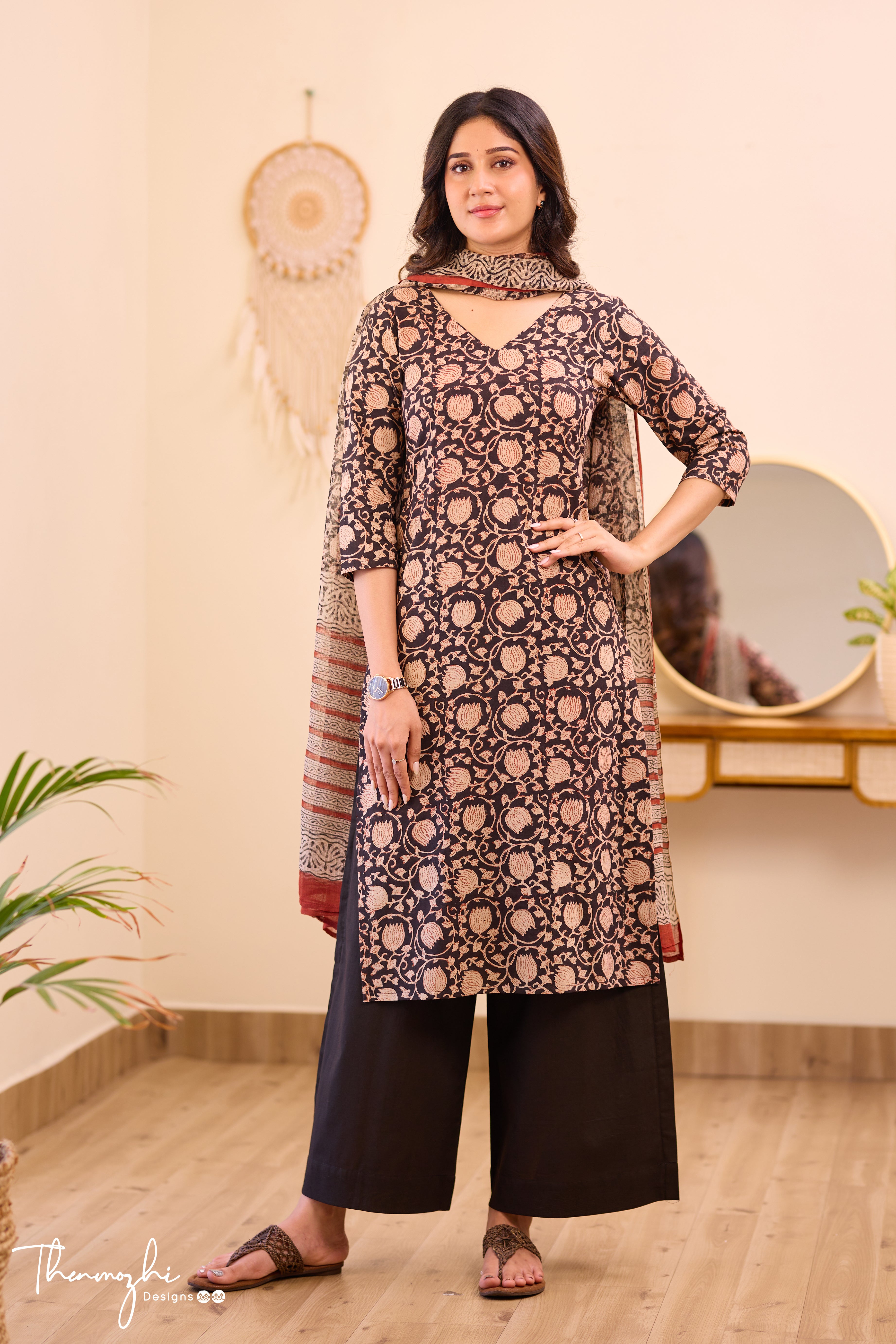 Black Floral - Black Cotton Suit Set with Kota Dupatta