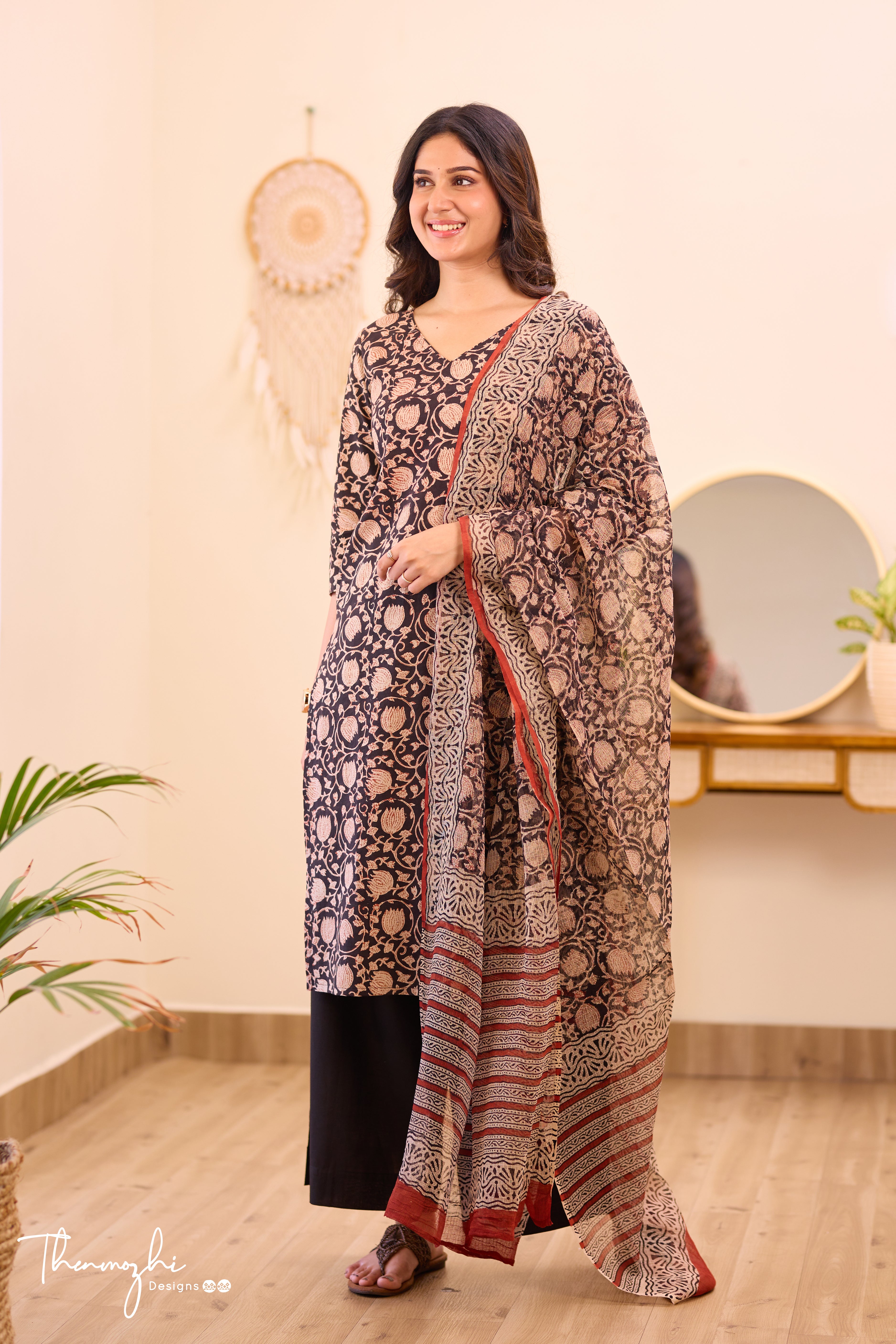 Black Floral - Black Cotton Suit Set with Kota Dupatta