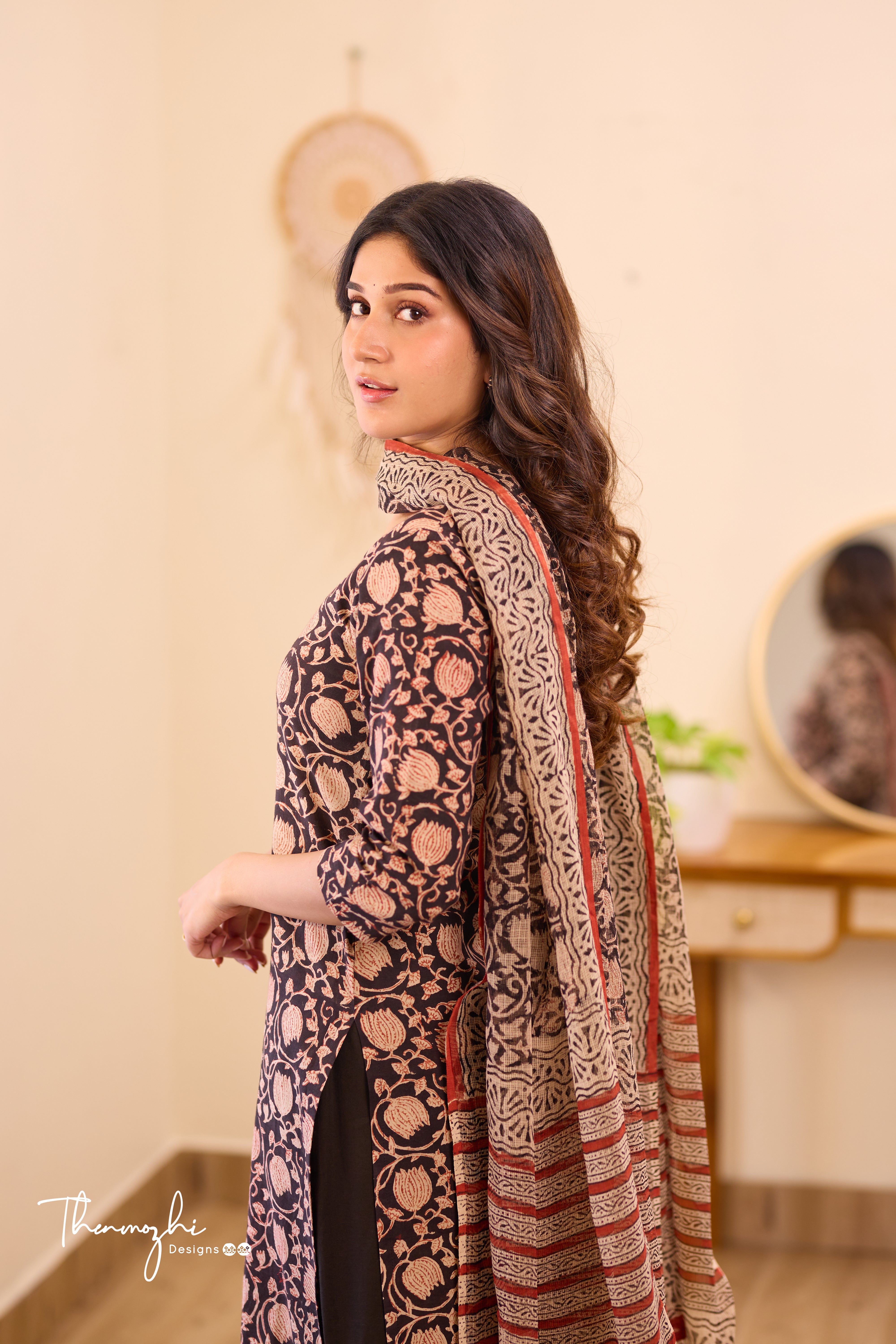 Black Floral - Black Cotton Suit Set with Kota Dupatta