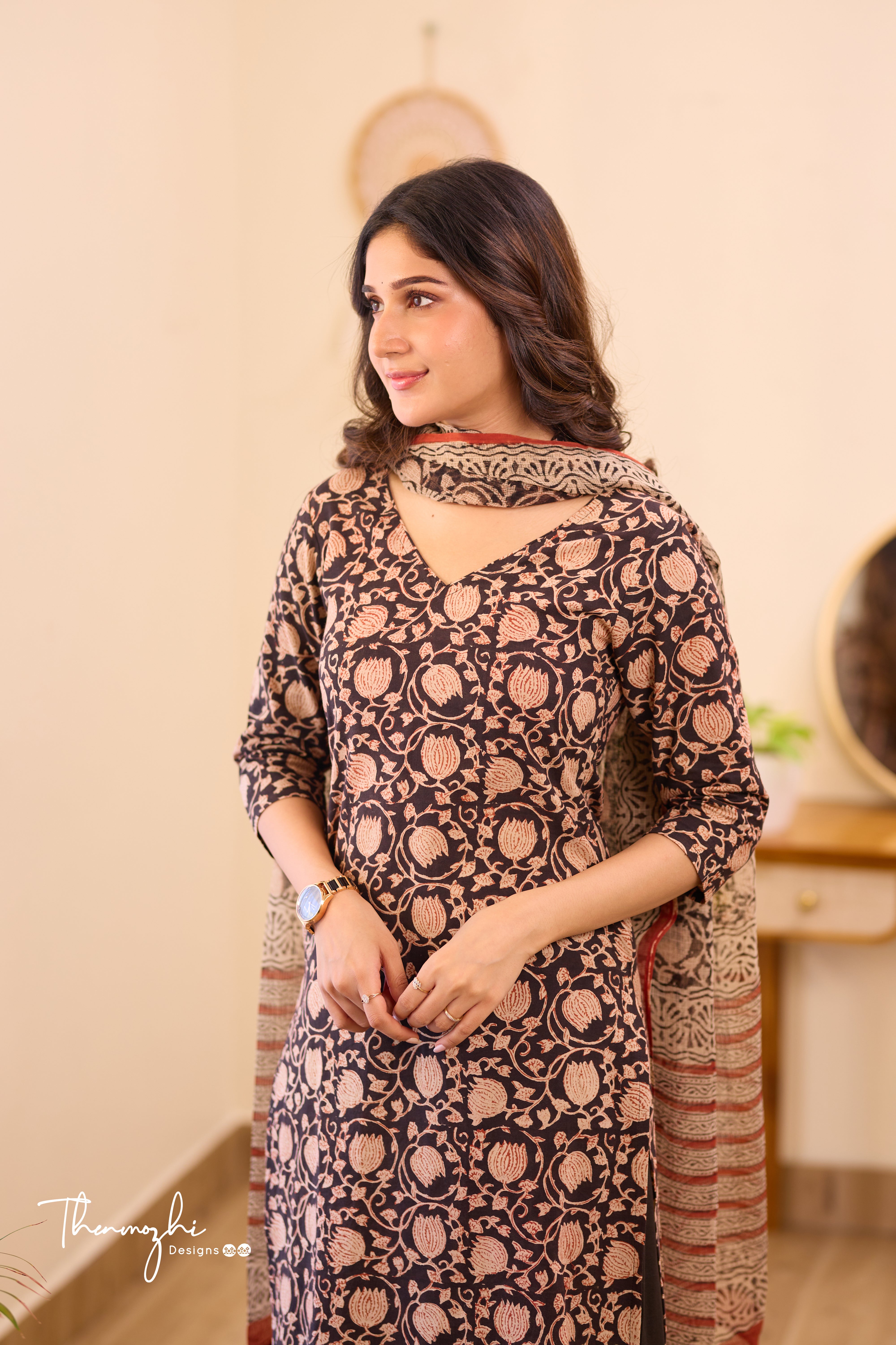 Black Floral - Black Cotton Suit Set with Kota Dupatta