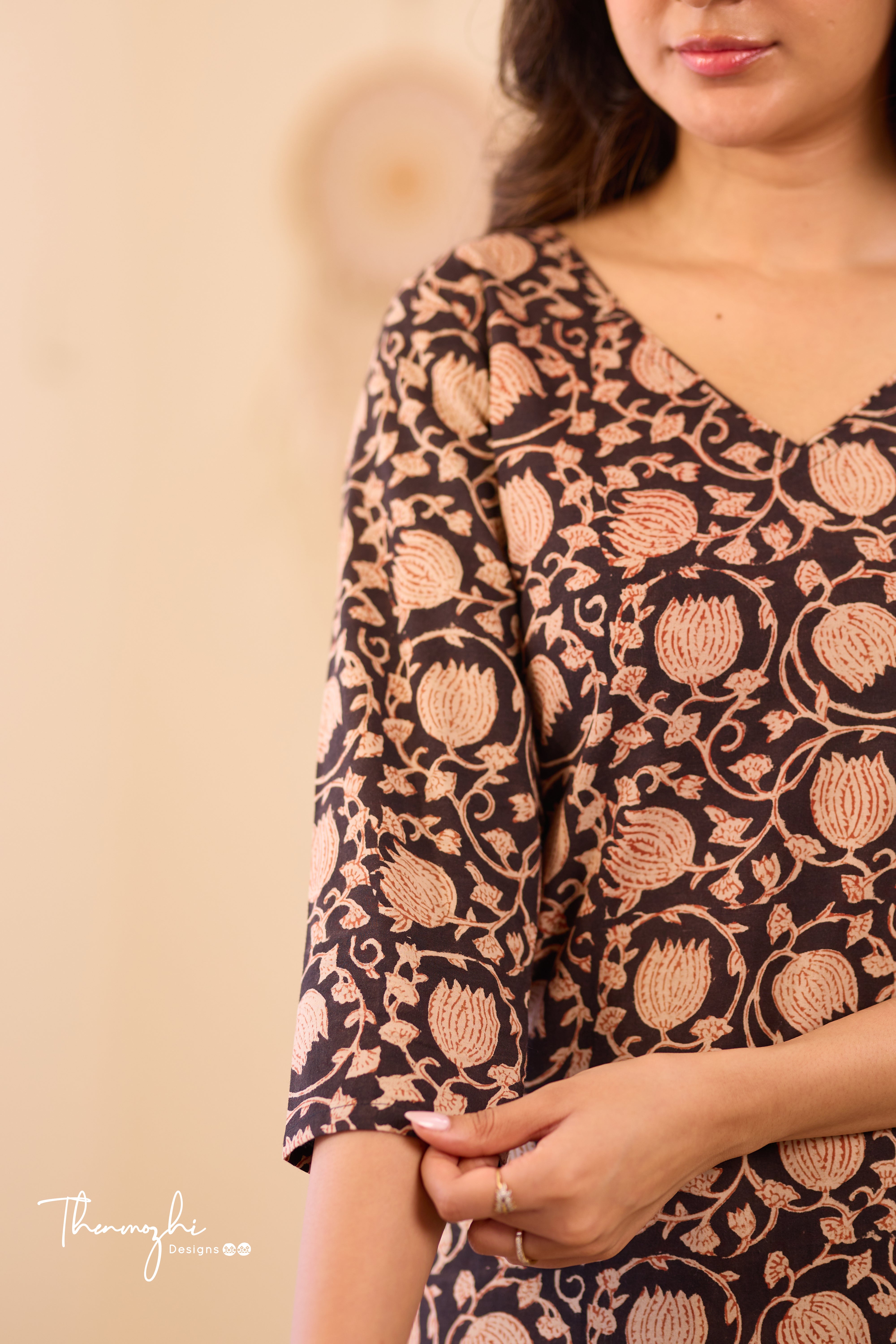 Black Floral - Black Cotton Suit Set with Kota Dupatta