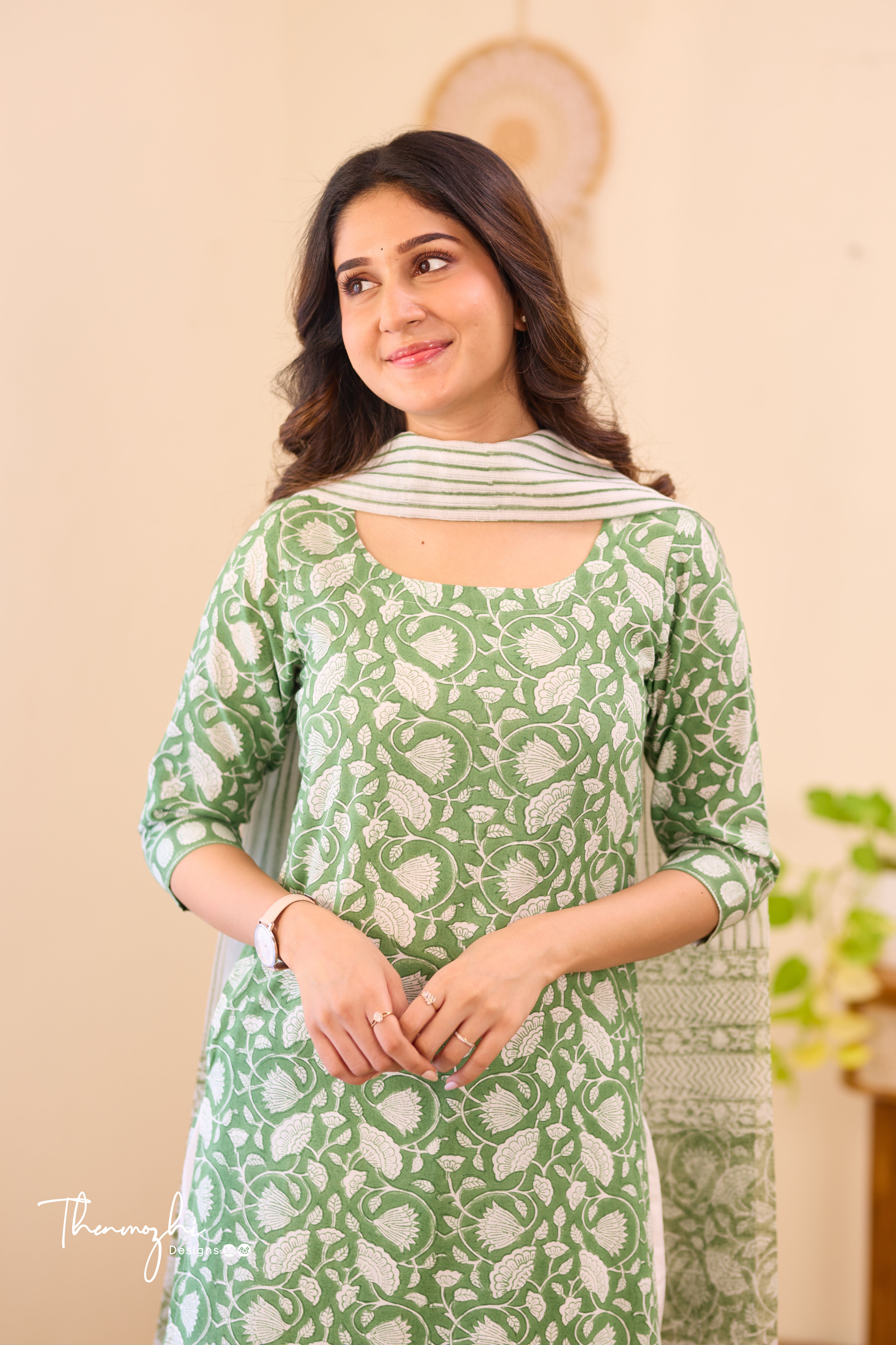 Floral Green - Green Cotton Suit Set with Kota Dupatta