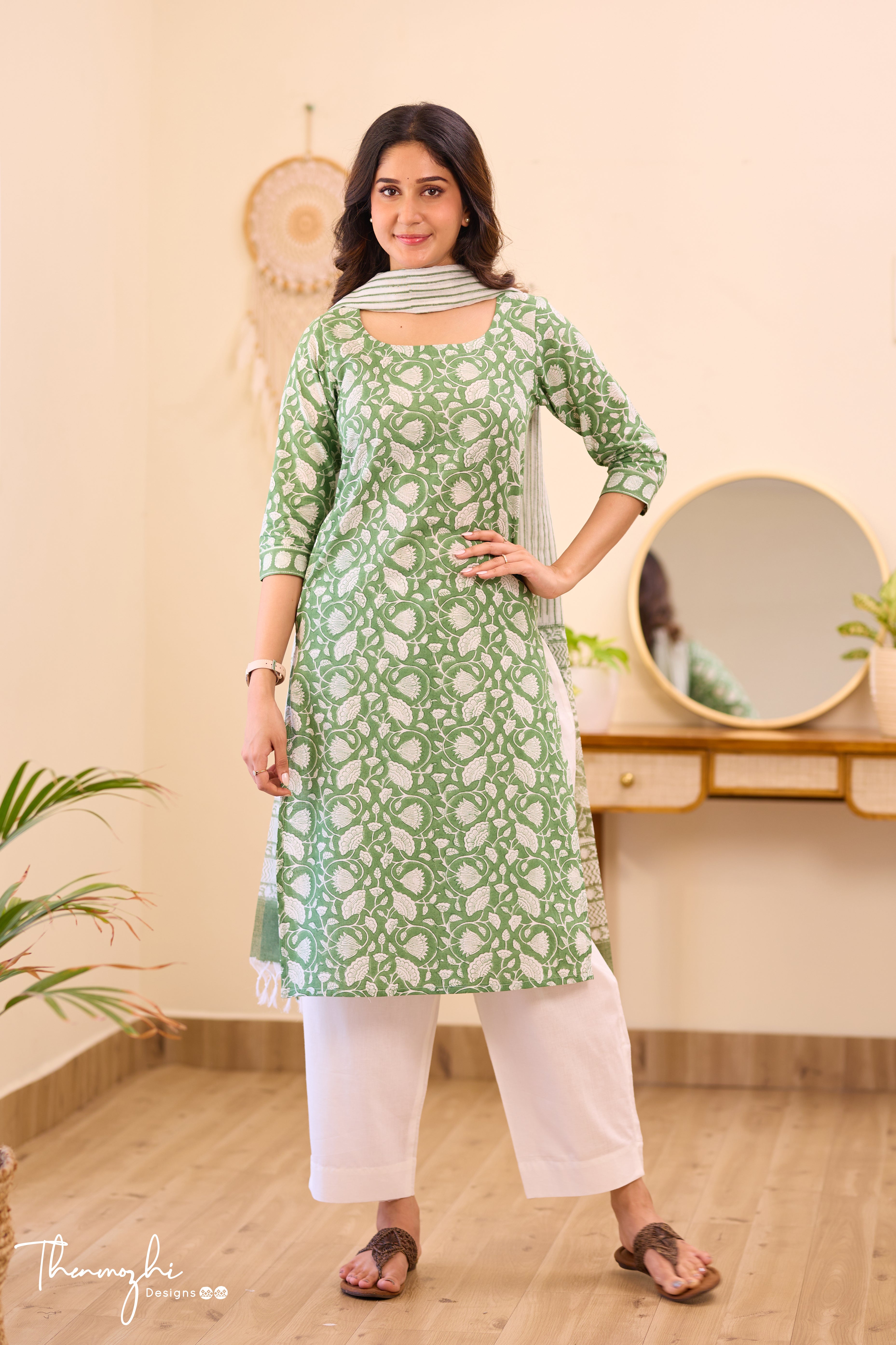 Floral Green - Green Cotton Suit Set with Kota Dupatta
