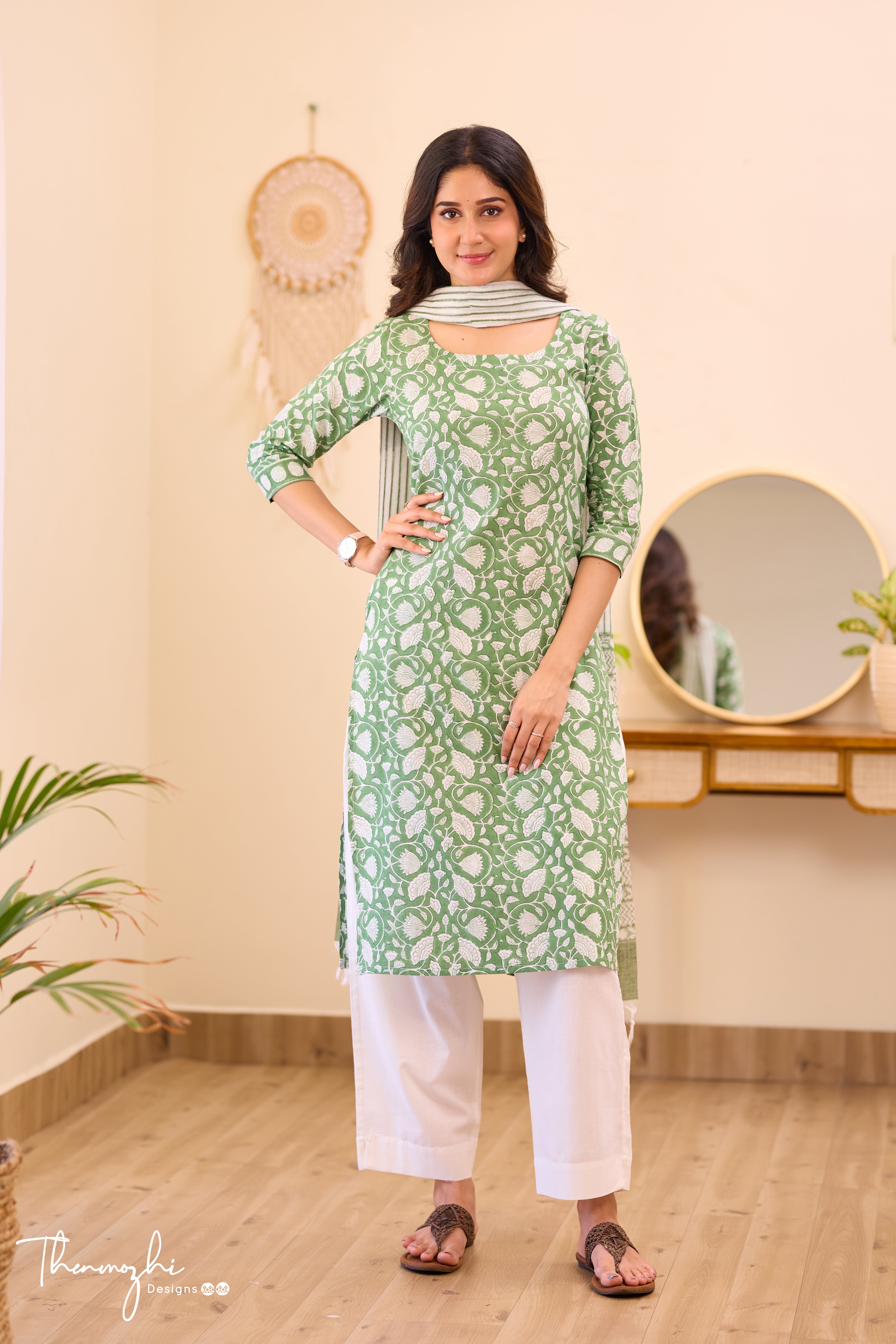 Floral Green - Green Cotton Suit Set with Kota Dupatta