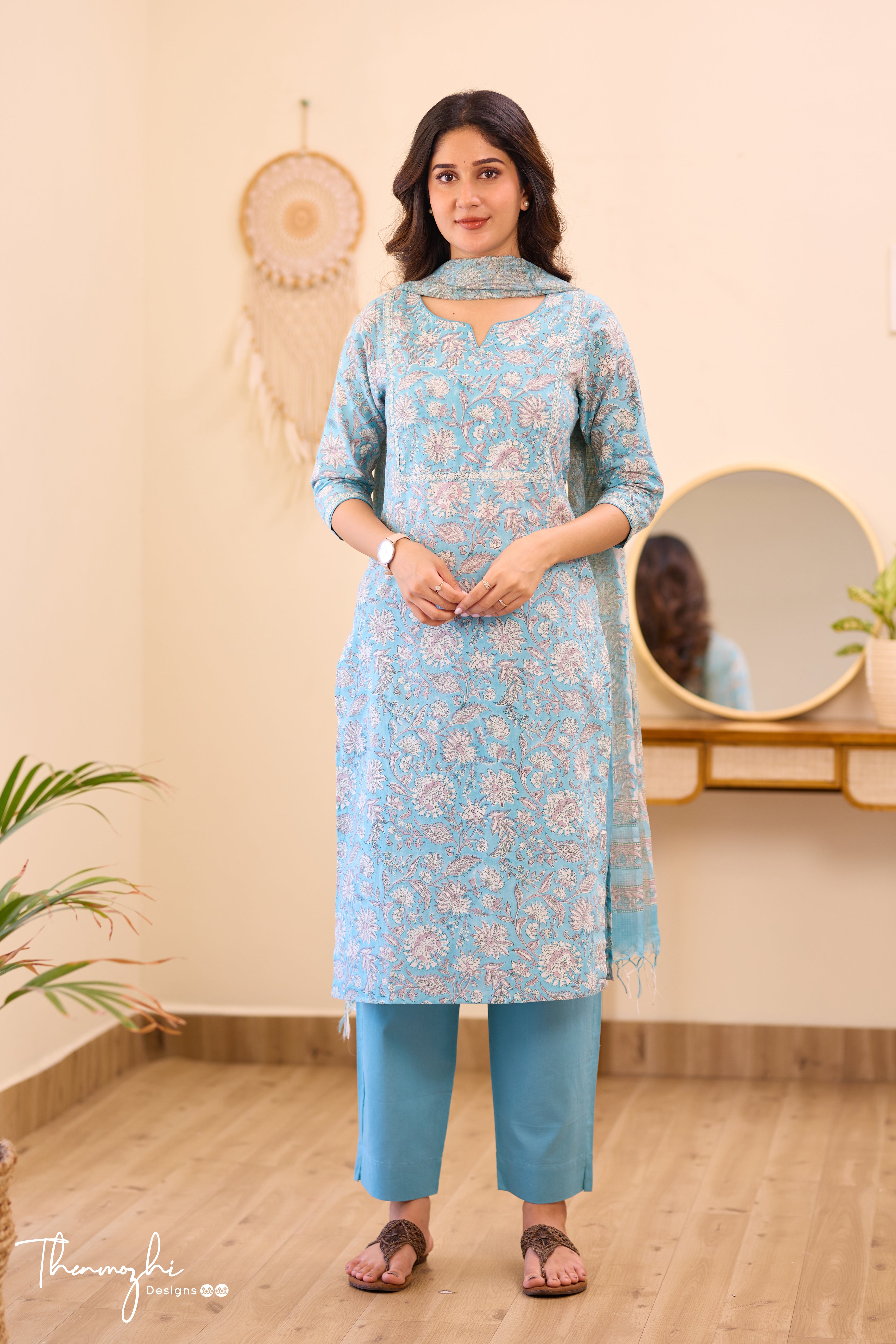 Pastel Blue - Blue Cotton Suit Set with Kota Dupatta