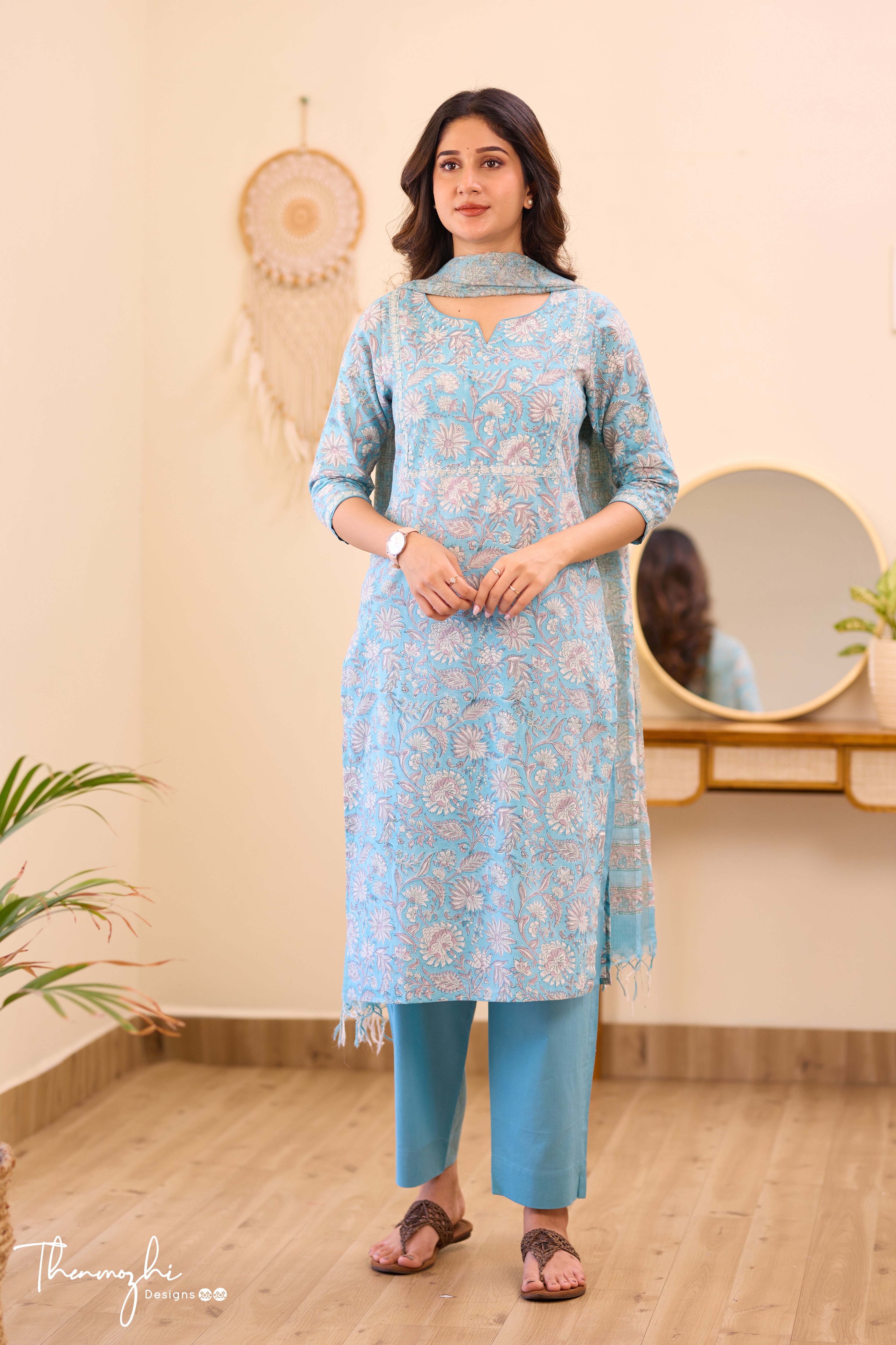 Pastel Blue - Blue Cotton Suit Set with Kota Dupatta