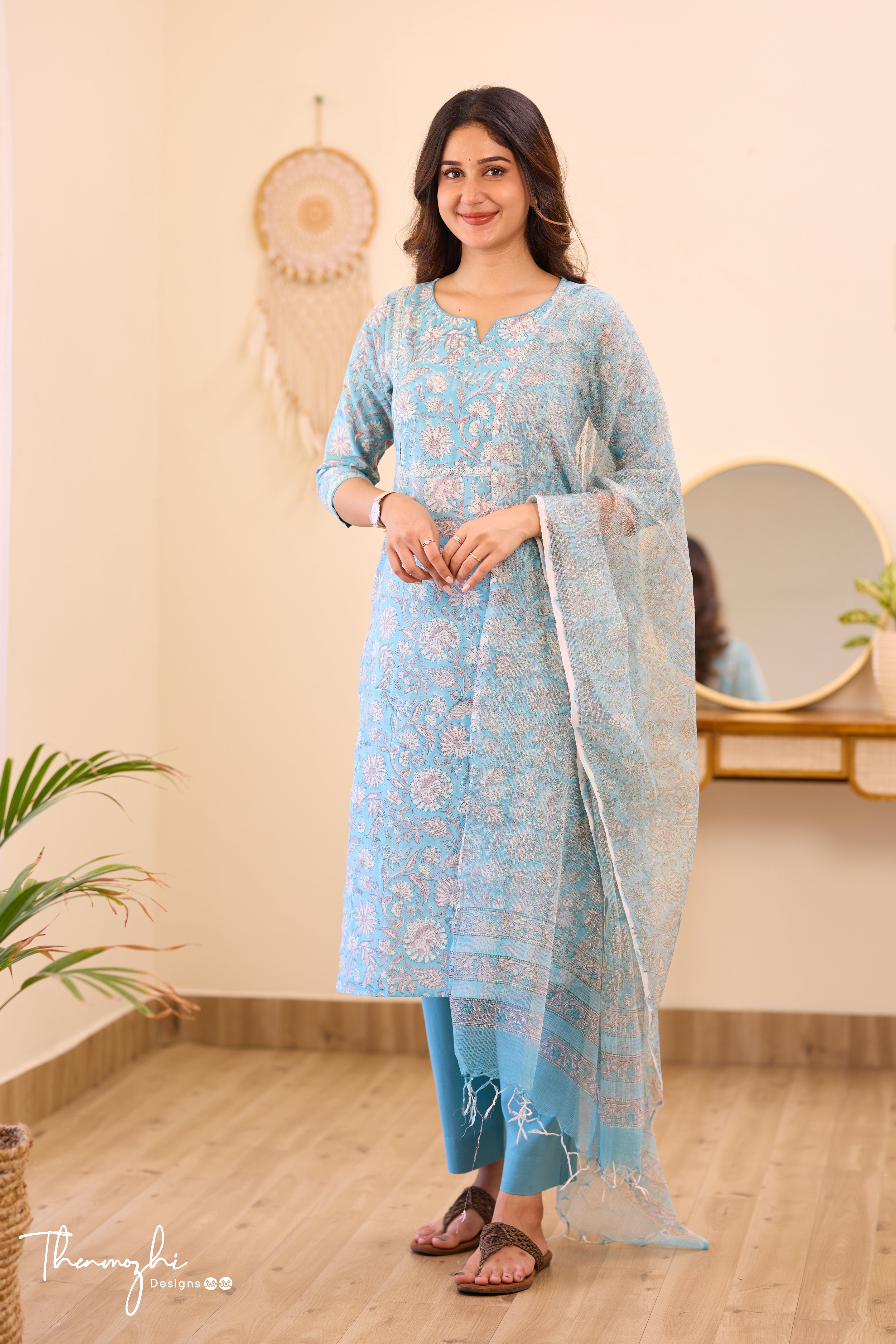 Pastel Blue - Blue Cotton Suit Set with Kota Dupatta