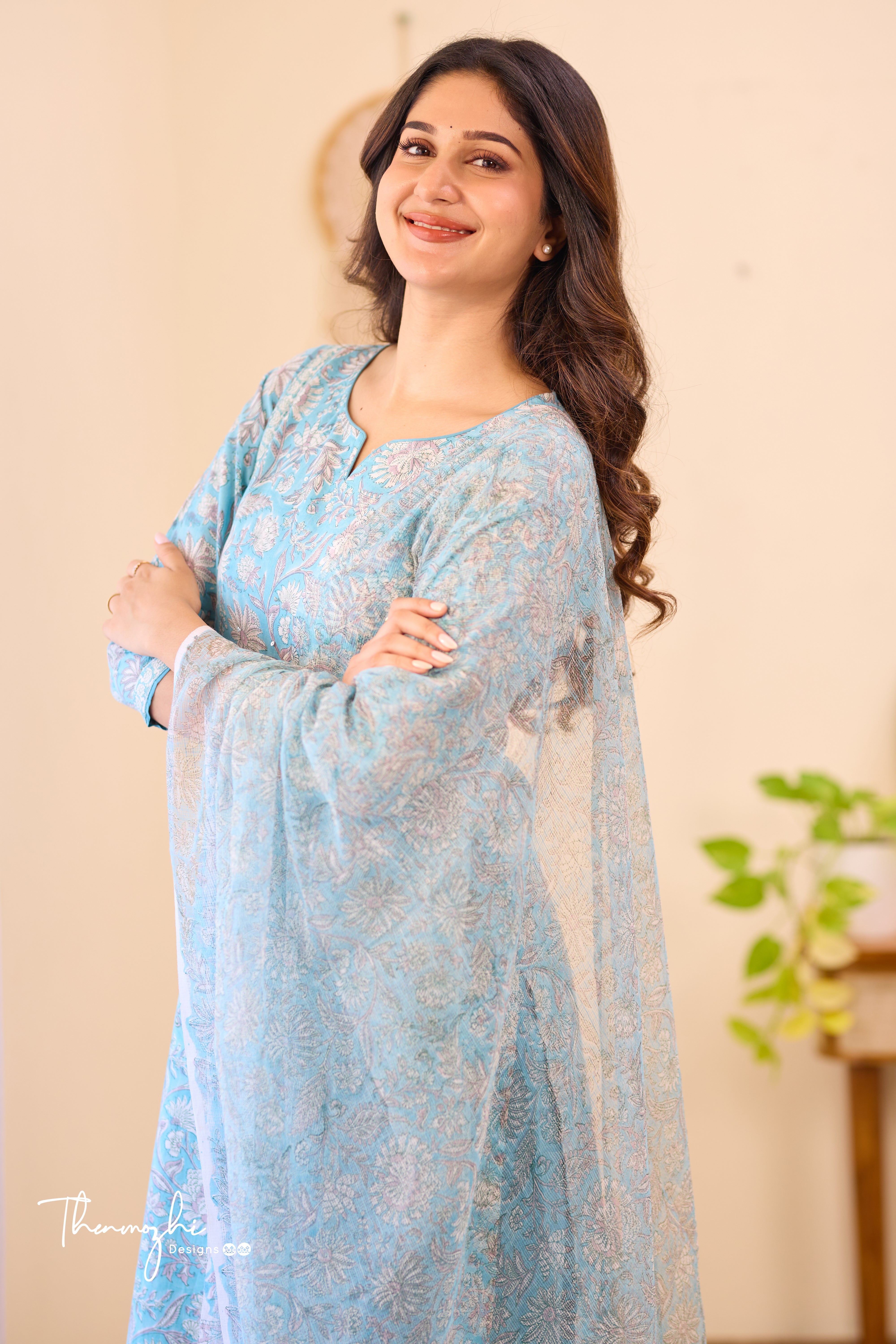 Pastel Blue - Blue Cotton Suit Set with Kota Dupatta