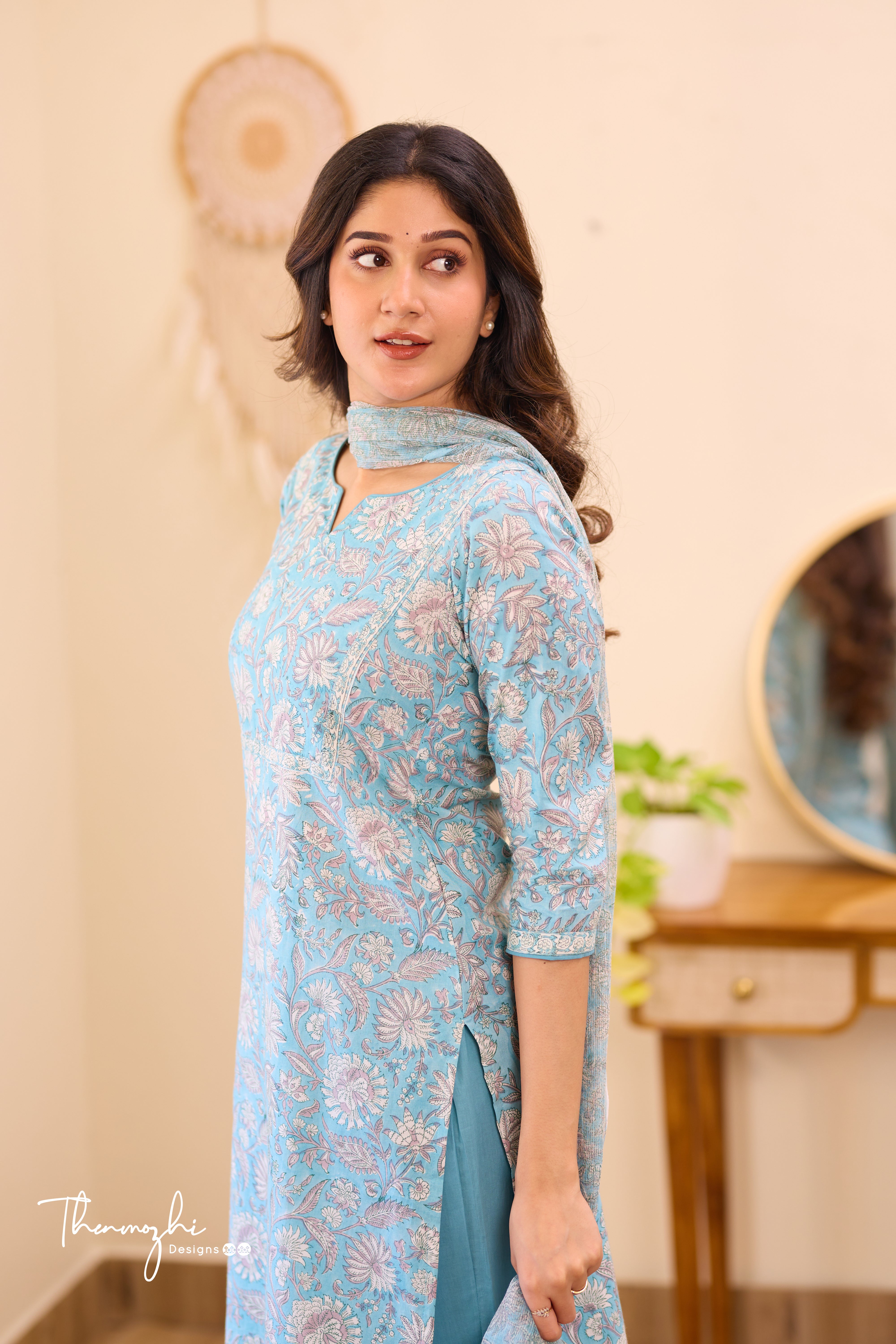 Pastel Blue - Blue Cotton Suit Set with Kota Dupatta