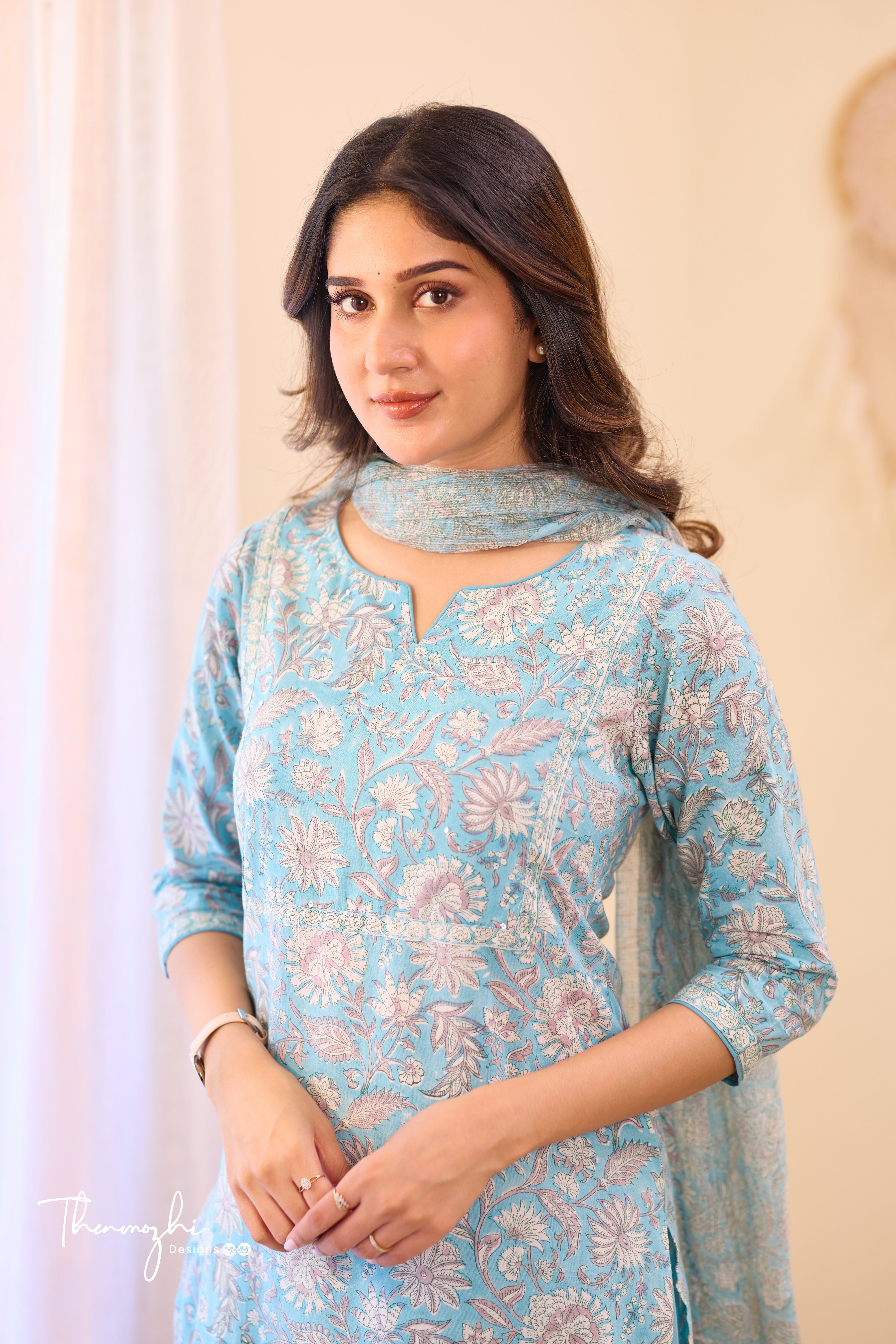 Pastel Blue - Blue Cotton Suit Set with Kota Dupatta