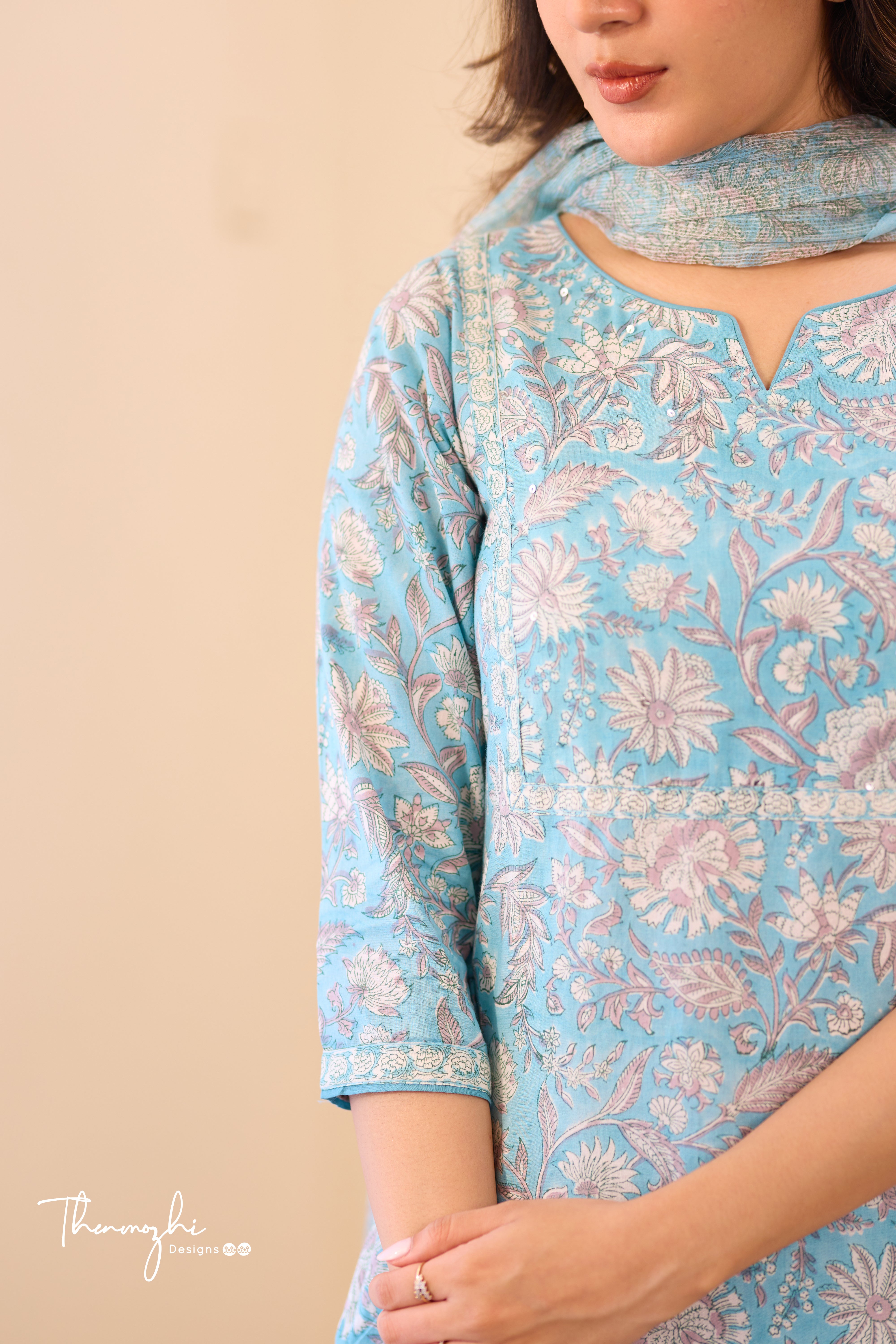 Pastel Blue - Blue Cotton Suit Set with Kota Dupatta