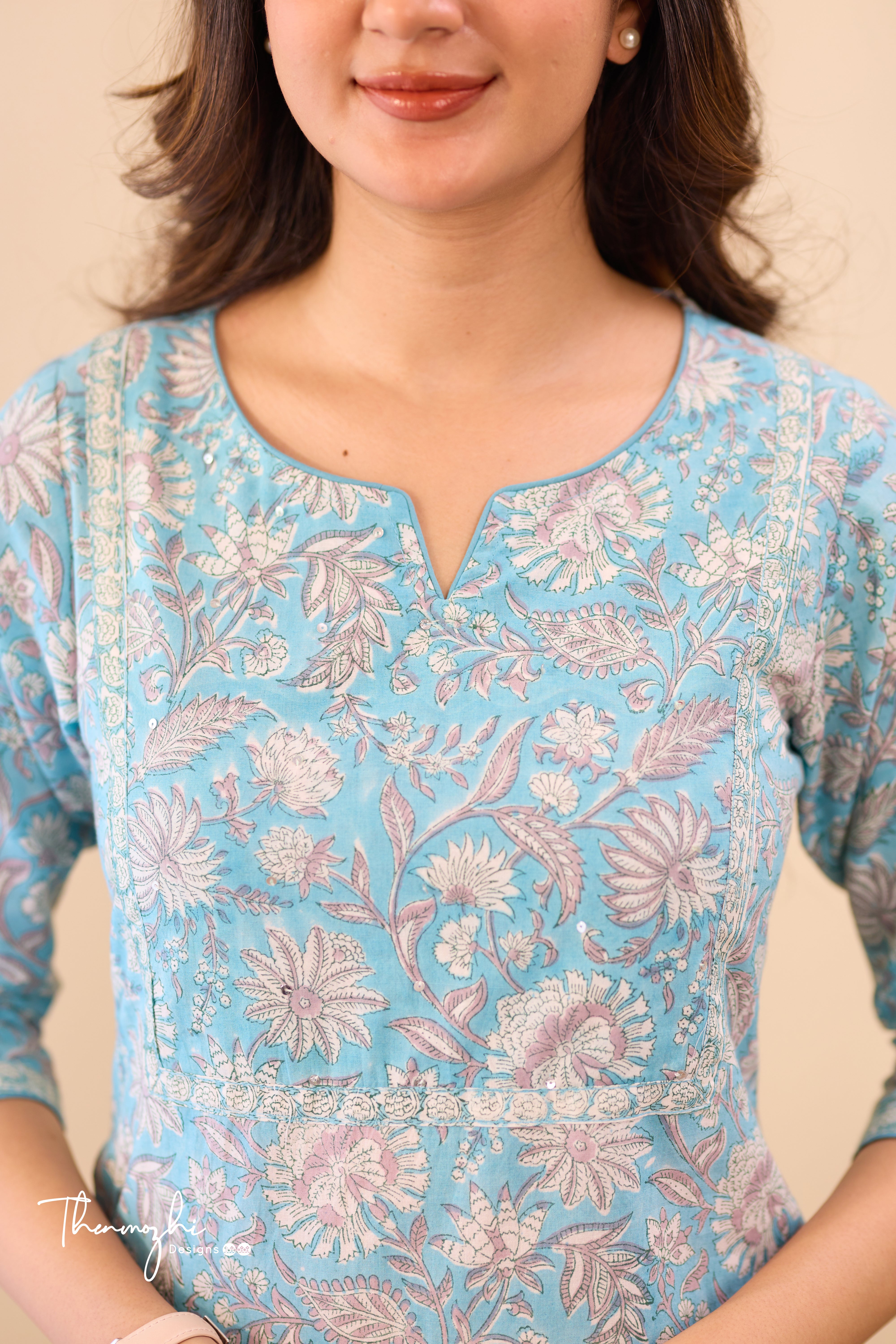 Pastel Blue - Blue Cotton Suit Set with Kota Dupatta