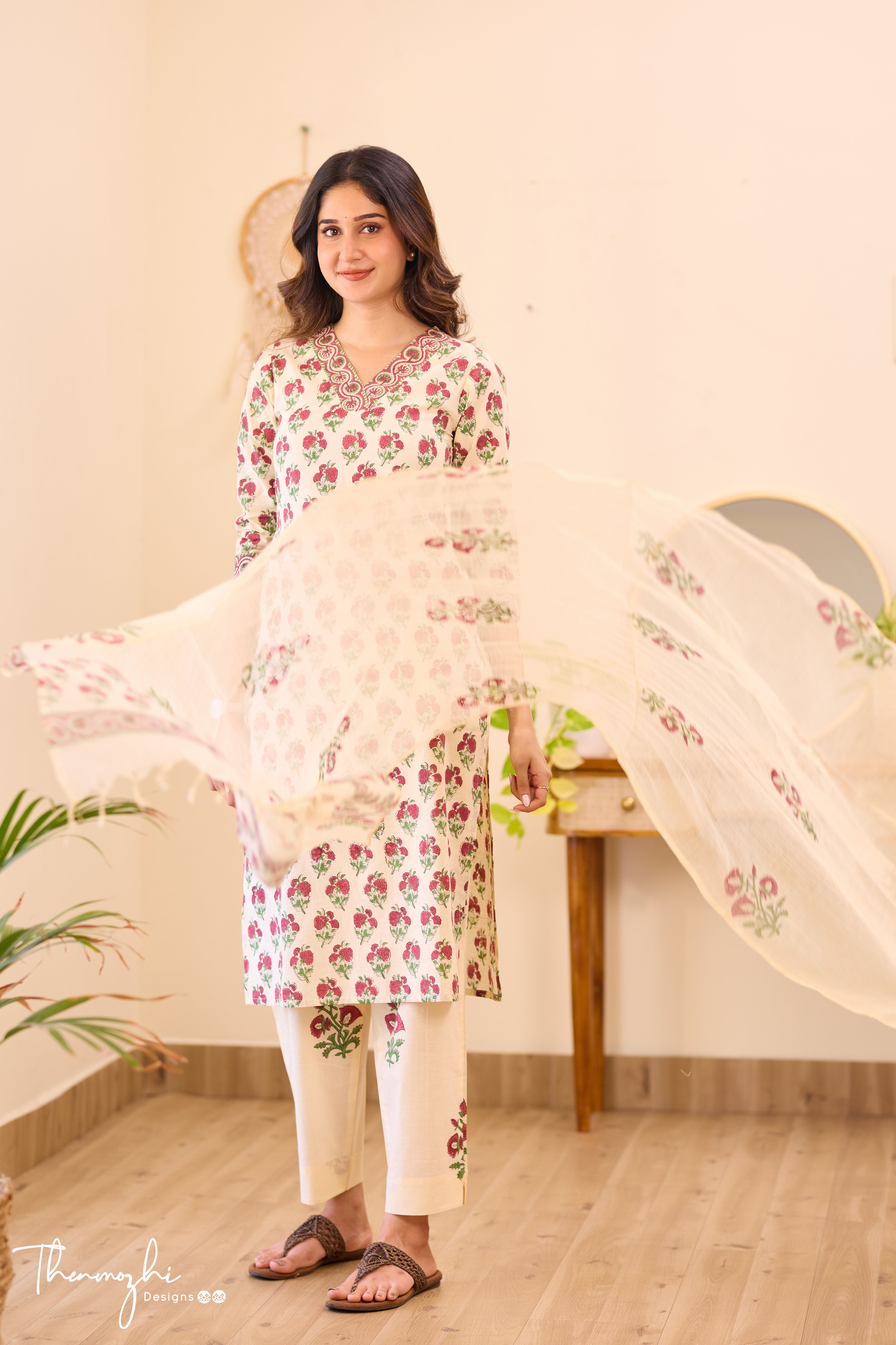 Beige Cotton Suit Set with Kota Dupatta