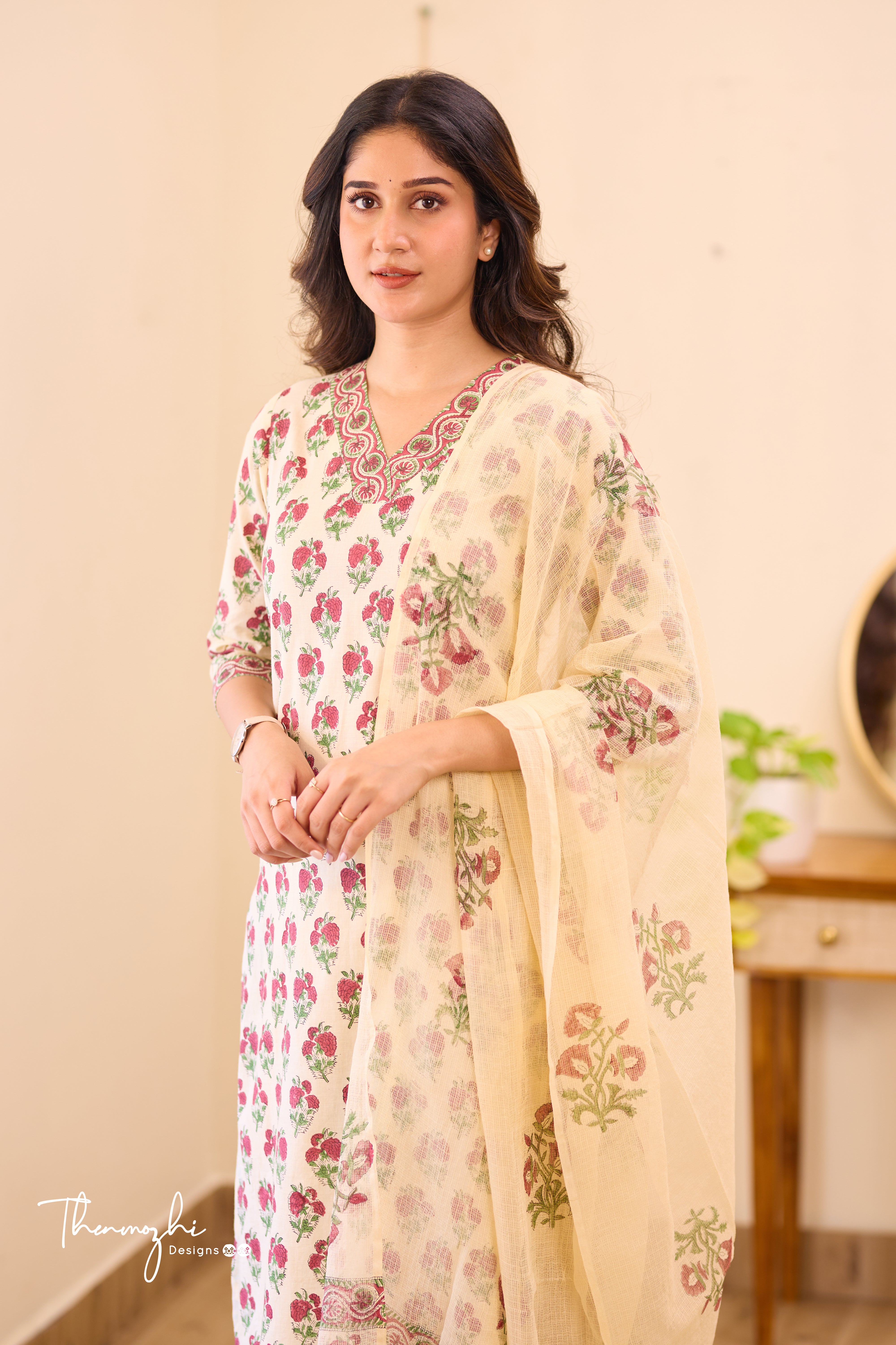 Beige Cotton Suit Set with Kota Dupatta