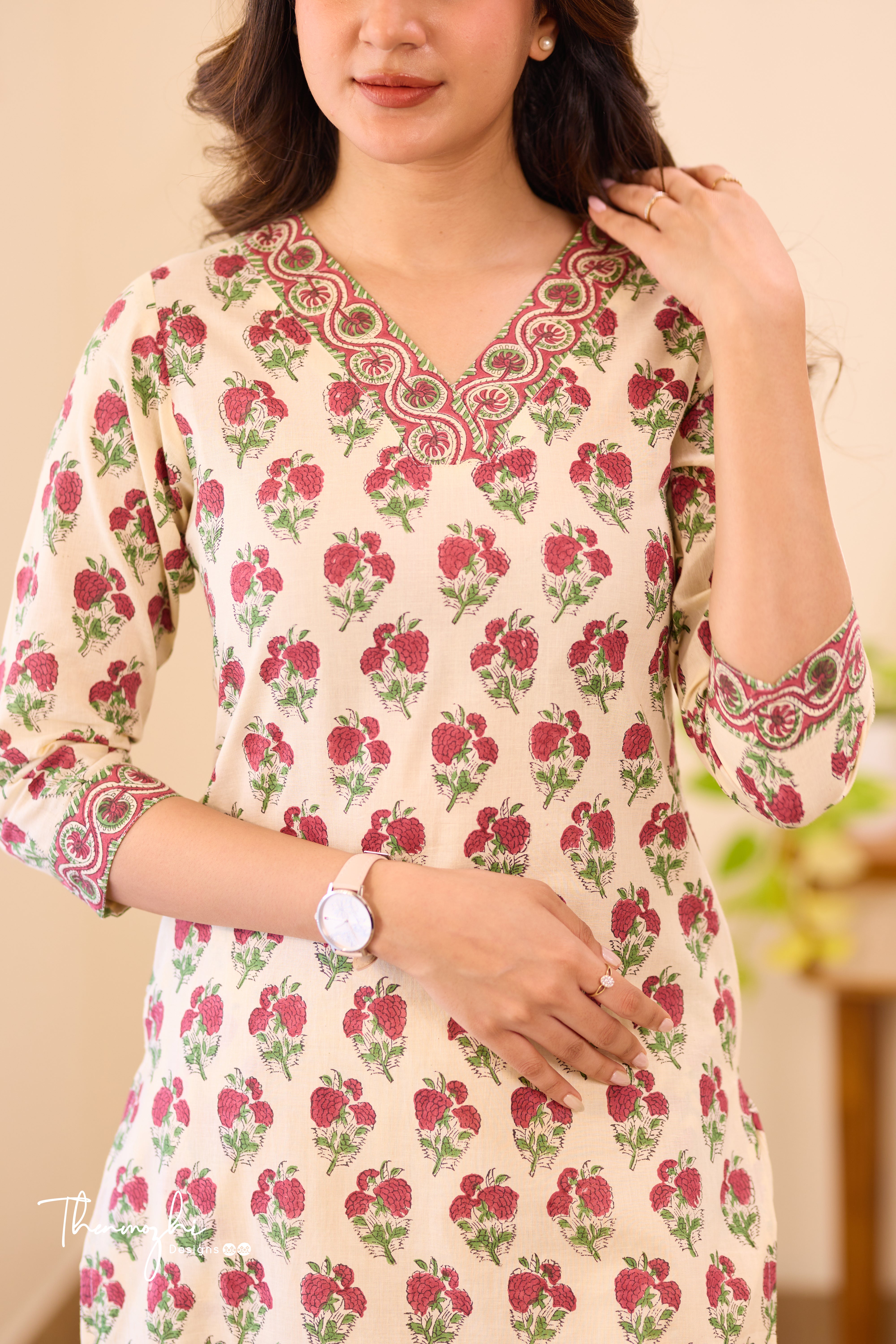 Beige Cotton Suit Set with Kota Dupatta