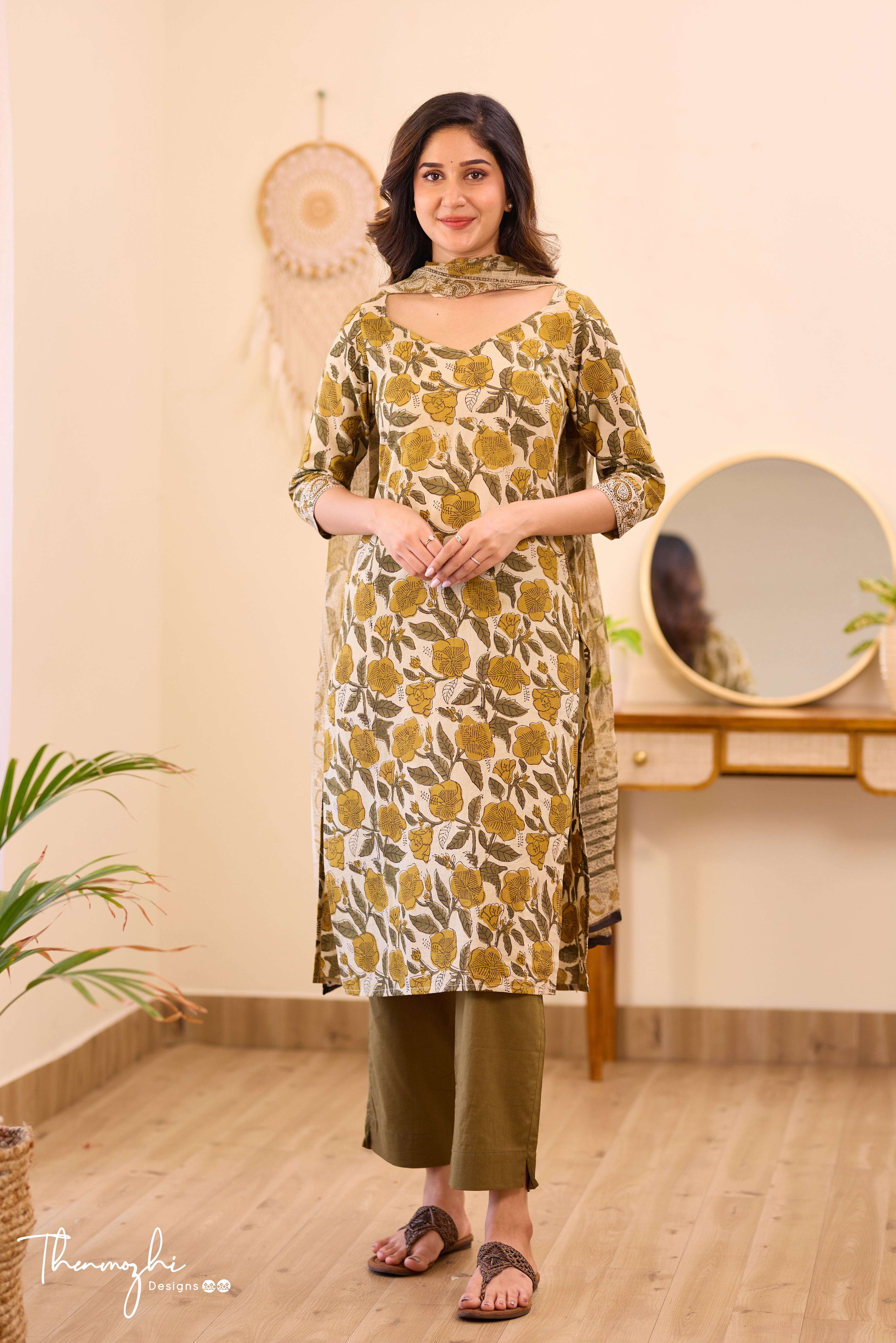 Olive Green - Beige Cotton Suit Set With Kota Dupatta