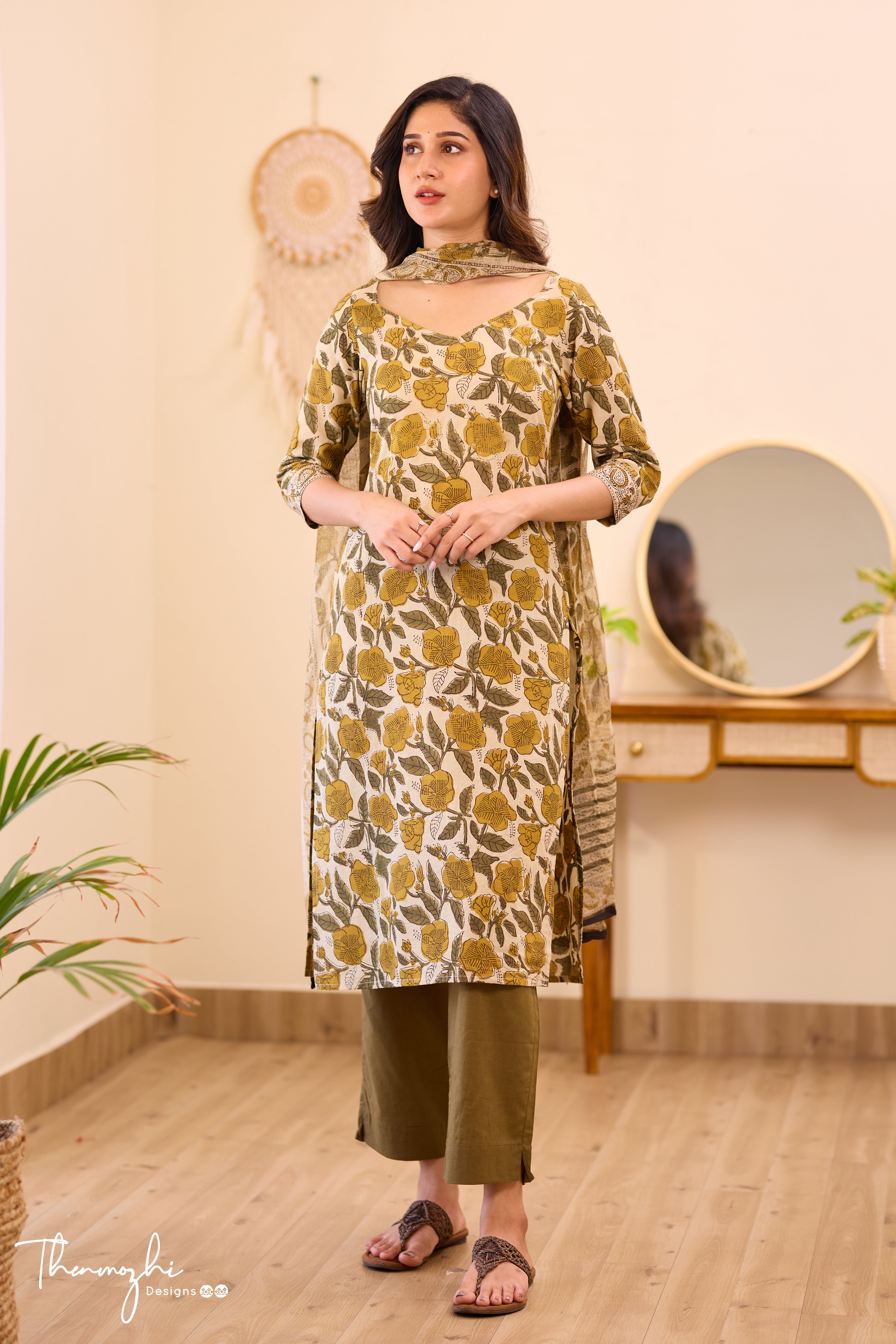 Olive Green - Beige Cotton Suit Set With Kota Dupatta