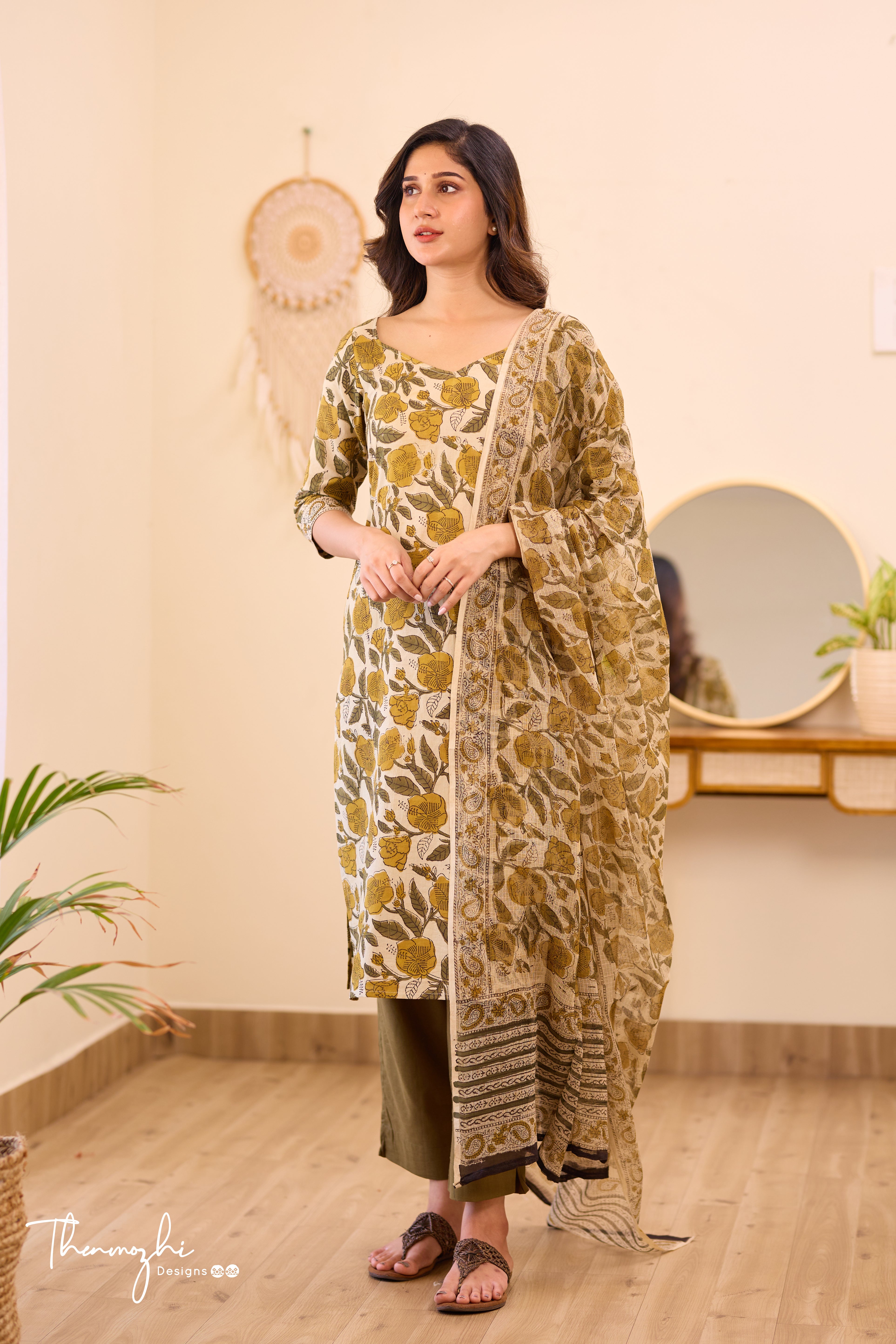 Olive Green - Beige Cotton Suit Set with Kota Dupatta