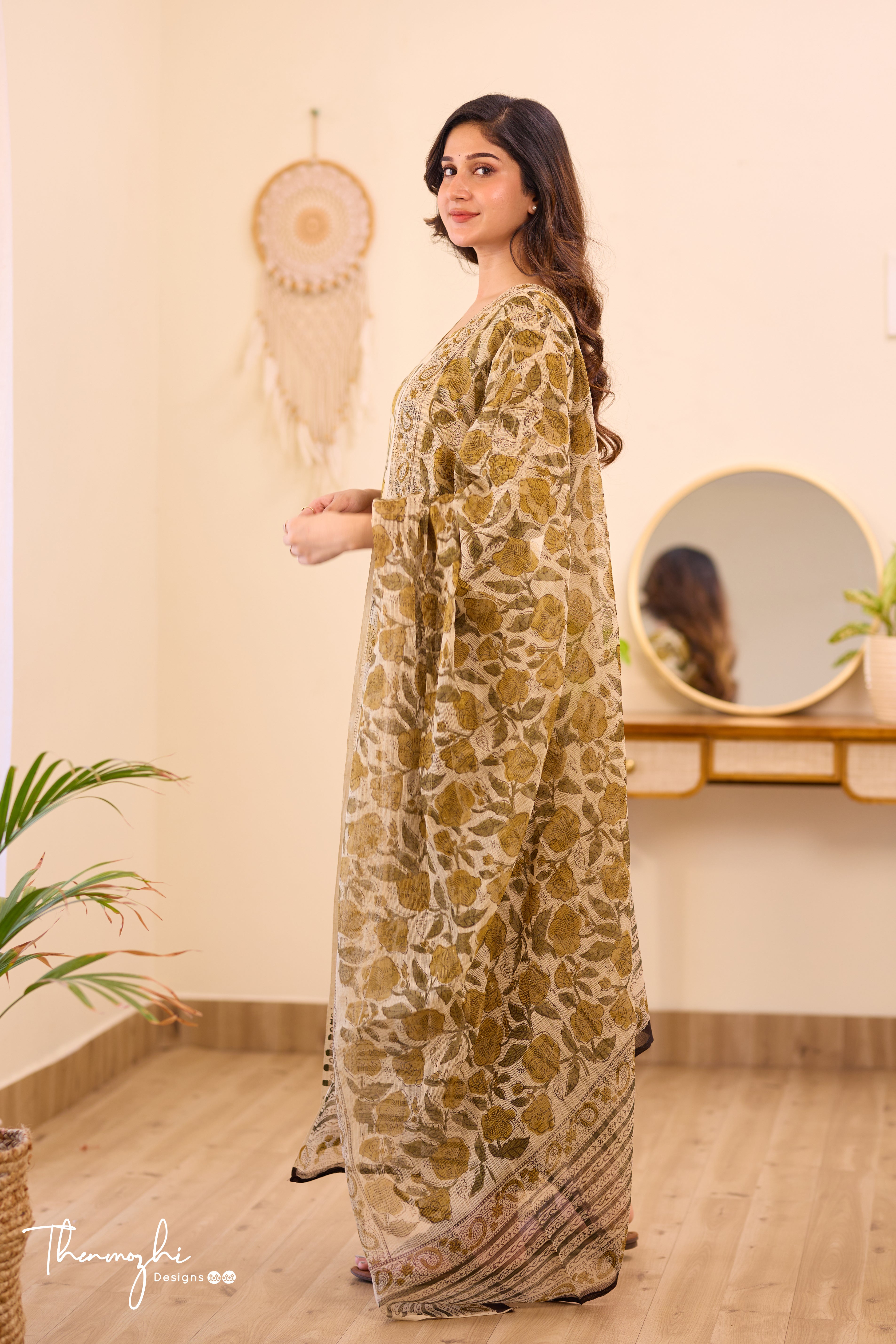Olive Green - Beige Cotton Suit Set with Kota Dupatta