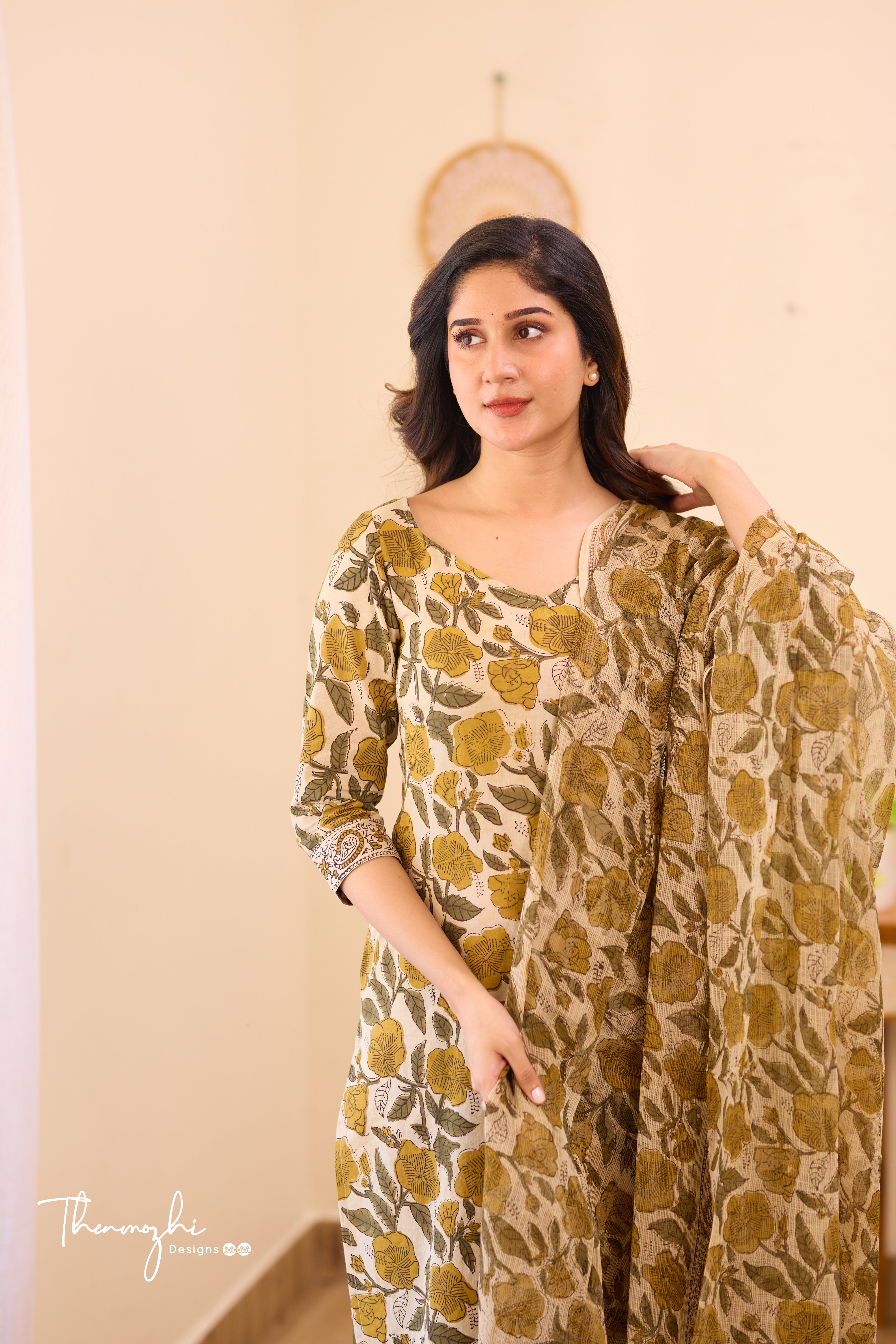 Olive Green - Beige Cotton Suit Set with Kota Dupatta