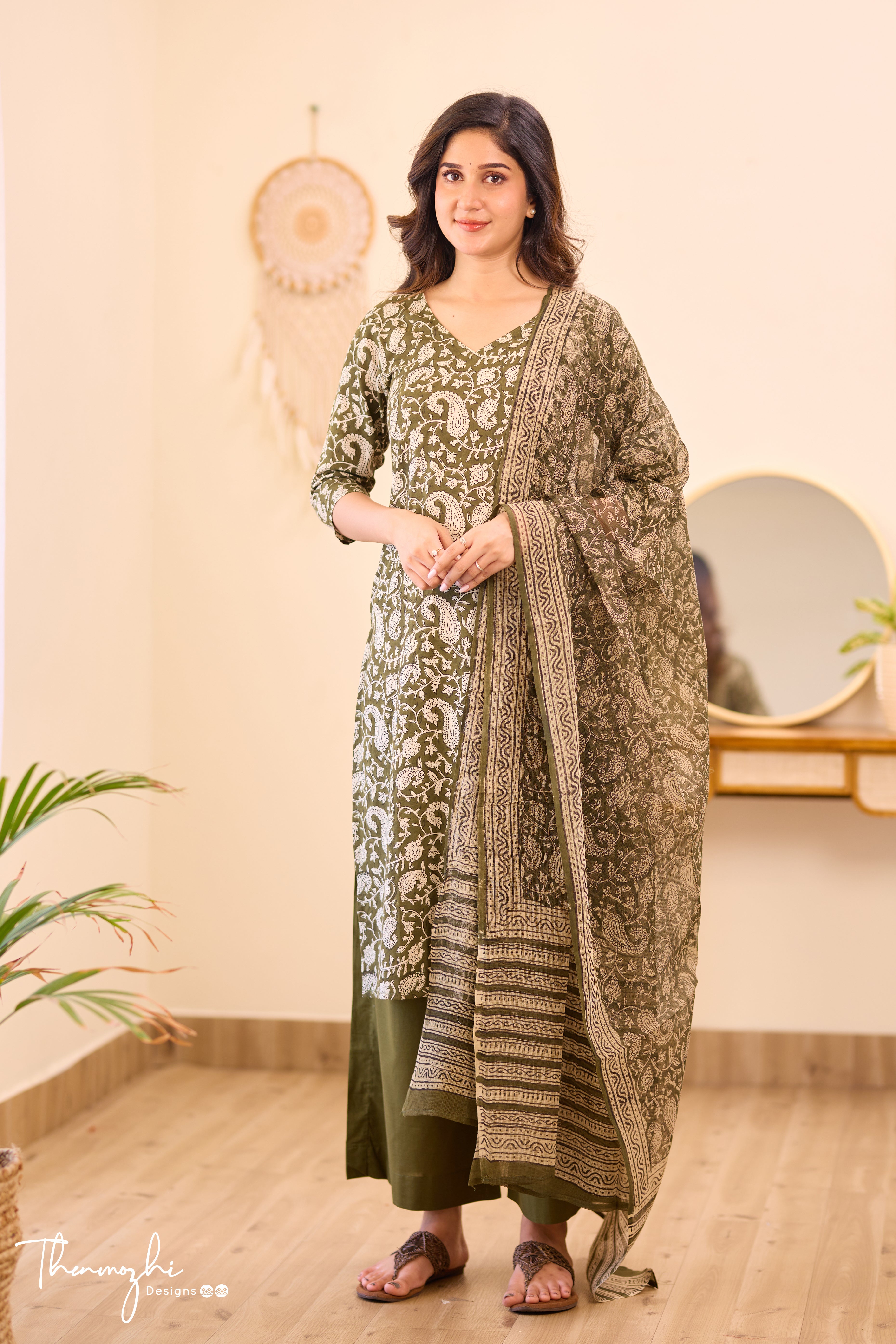 Olive Green Floral - Green Cotton Suit Set With Kota Dupatta