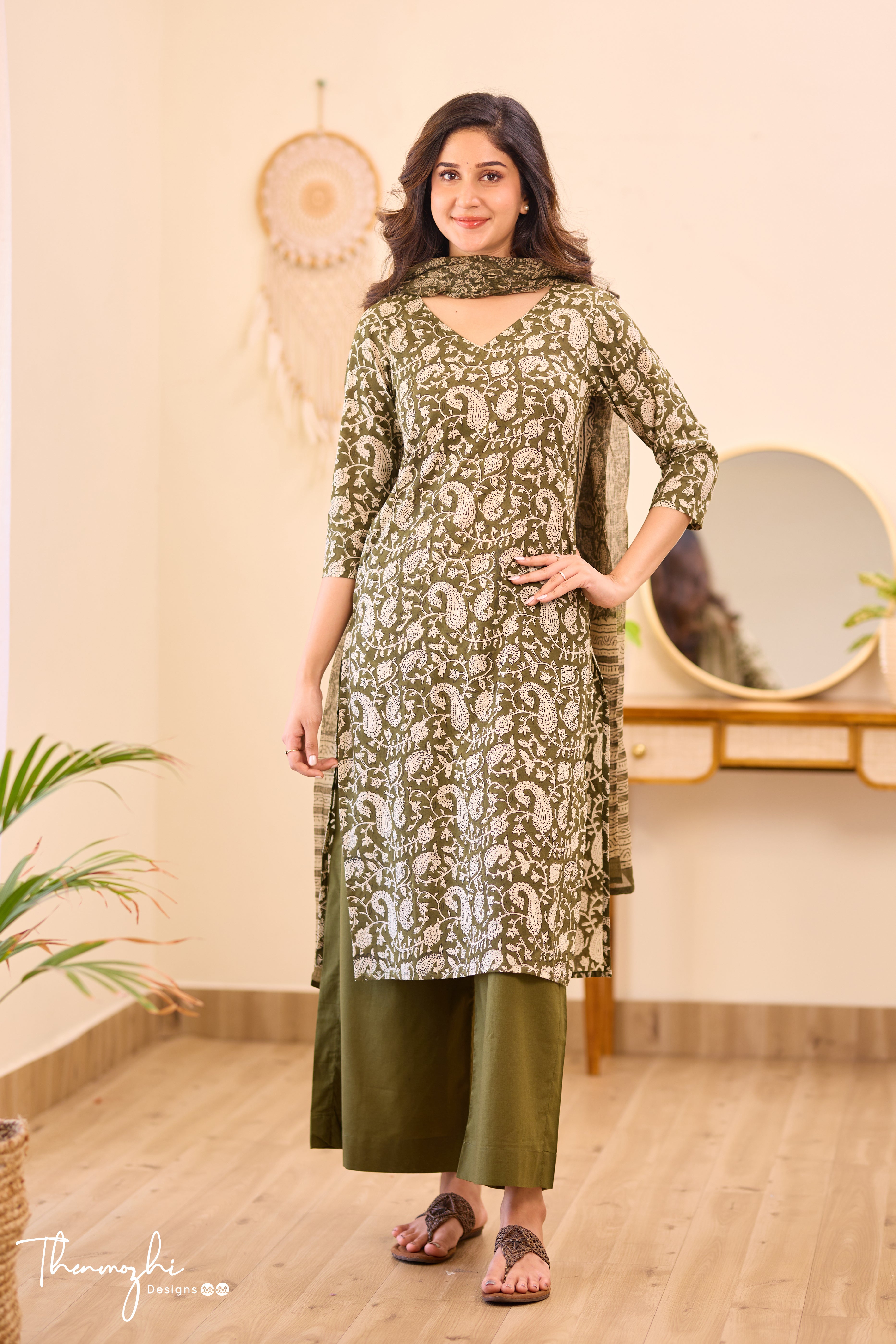 Olive Green Floral - Green Cotton Suit Set with Kota Dupatta