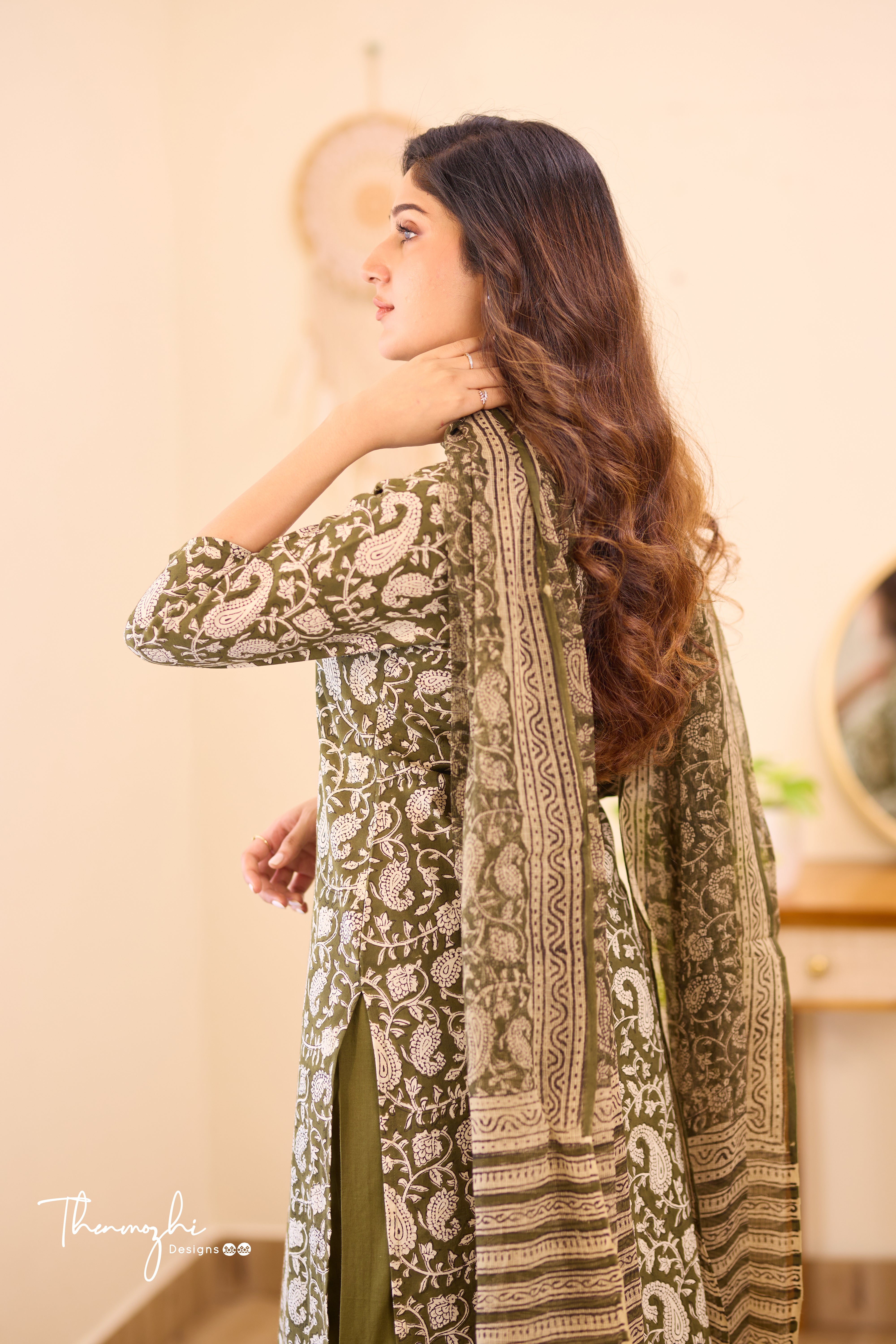 Olive Green Floral - Green Cotton Suit Set with Kota Dupatta