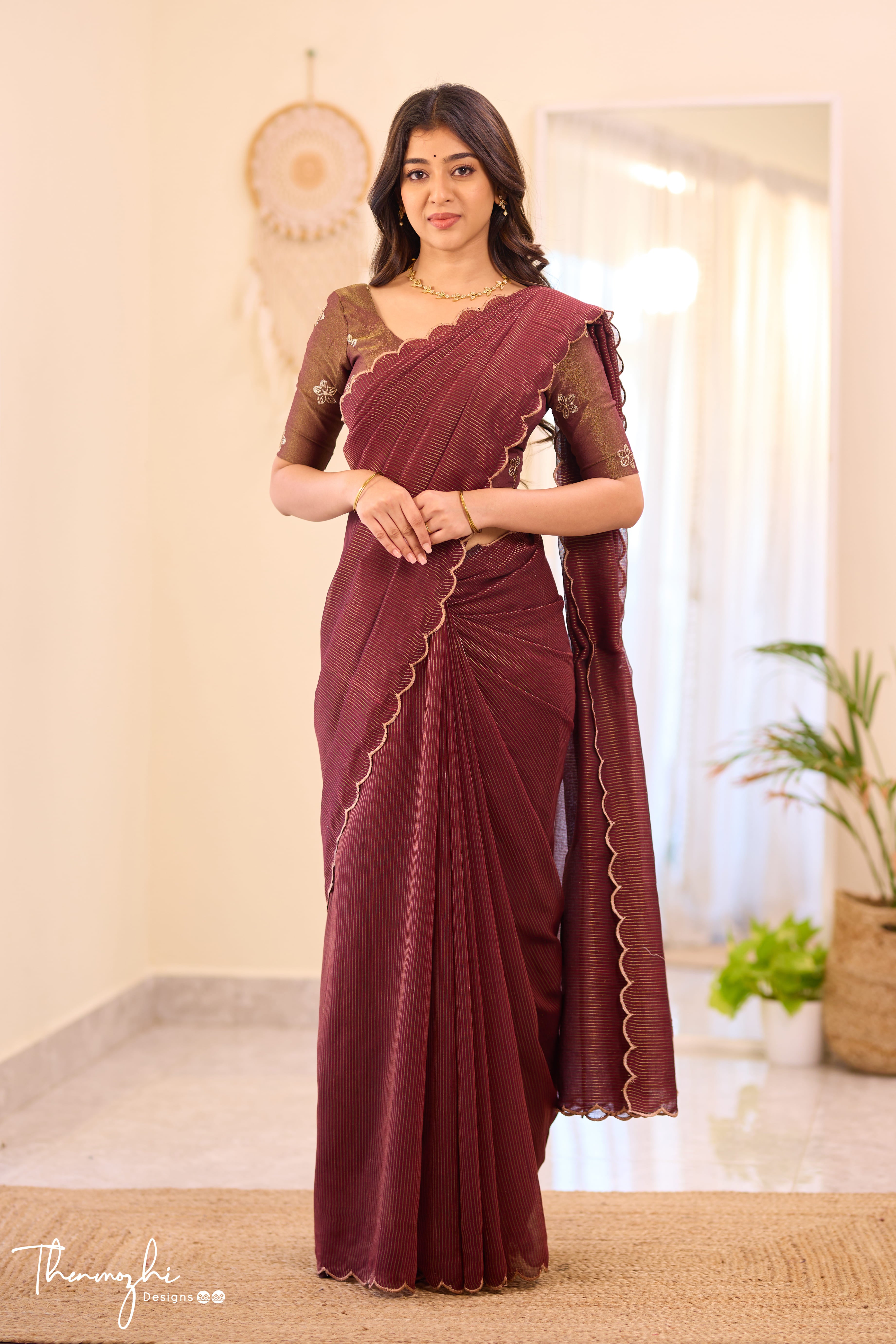 Wine Striped Mul Cotton Saree