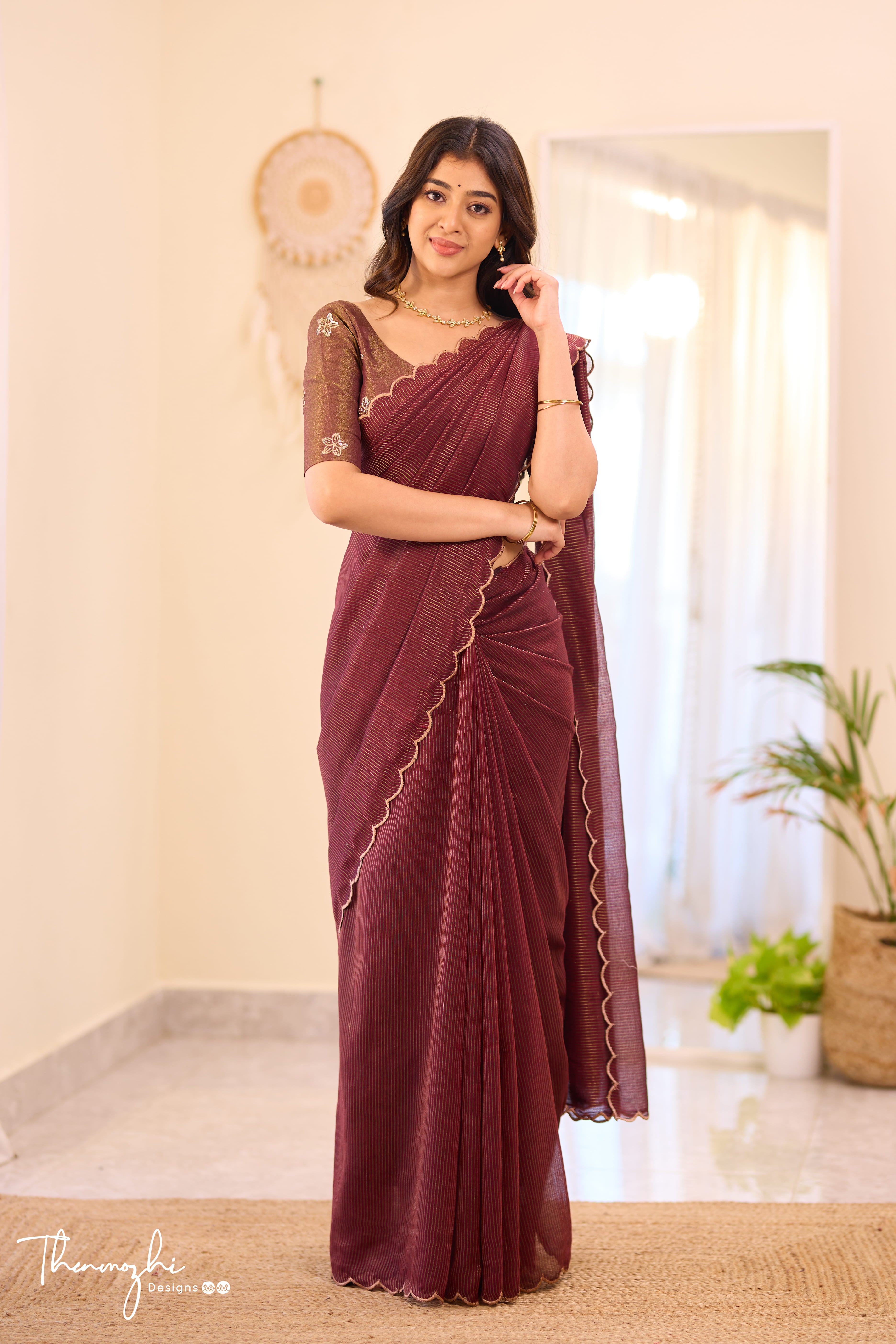 Wine Striped Mul Cotton Saree