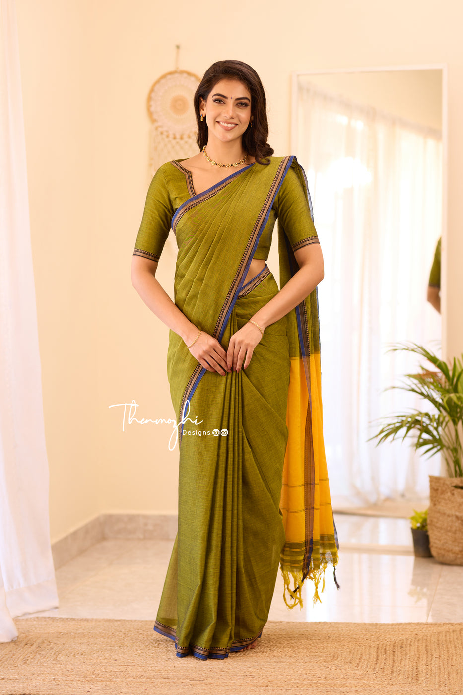 Olive Green Narayanpet Small Border Saree