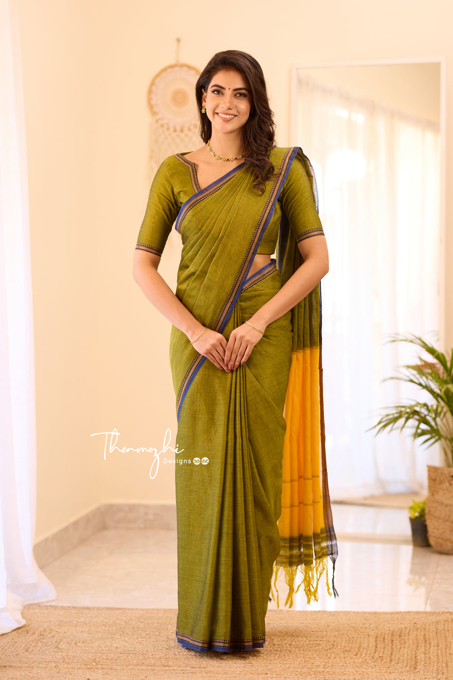 Olive Green Narayanpet Small Border Saree