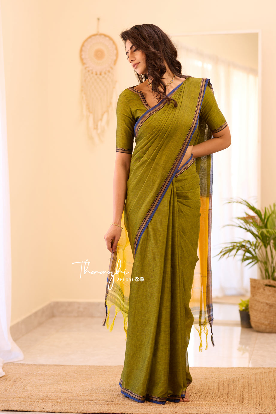 Olive Green Narayanpet Small Border Saree