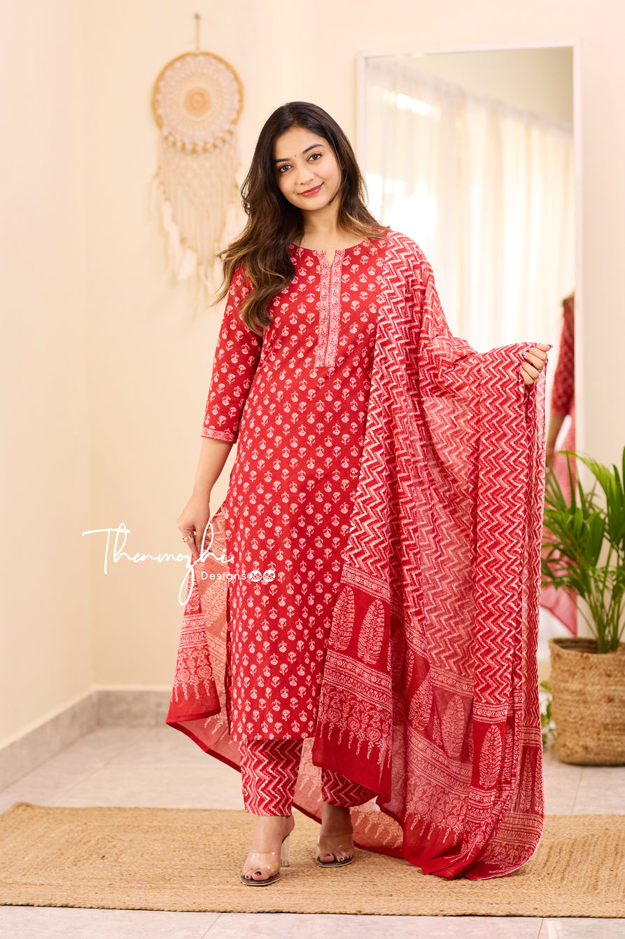 Saanvi - Red Cotton Suit Set With Cotton Dupatta