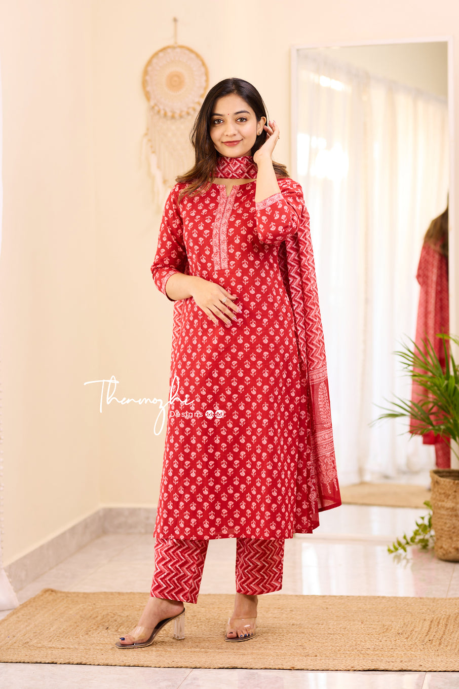 Saanvi - Red Cotton Suit Set With Cotton Dupatta