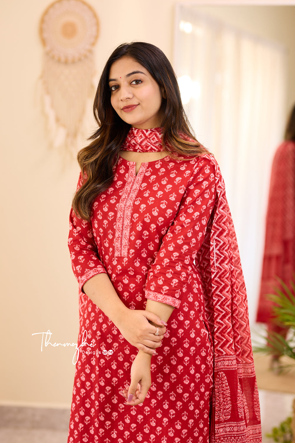 Saanvi - Red Cotton Suit Set With Cotton Dupatta
