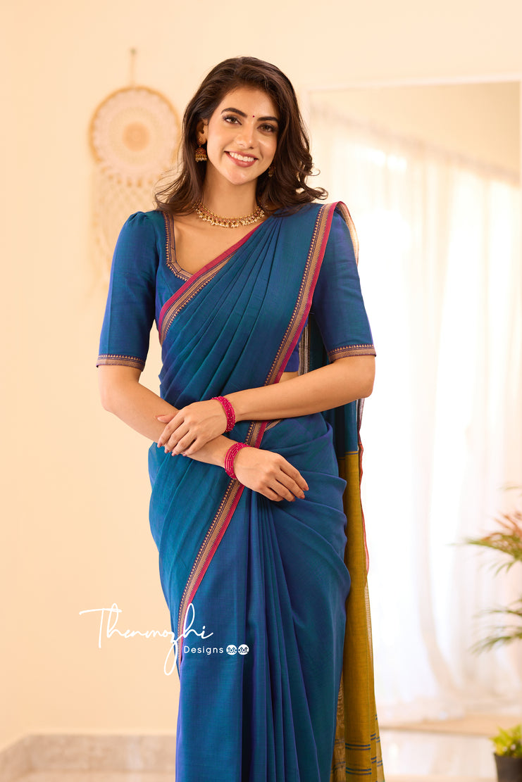 Blue Narayanpet Small Border Saree