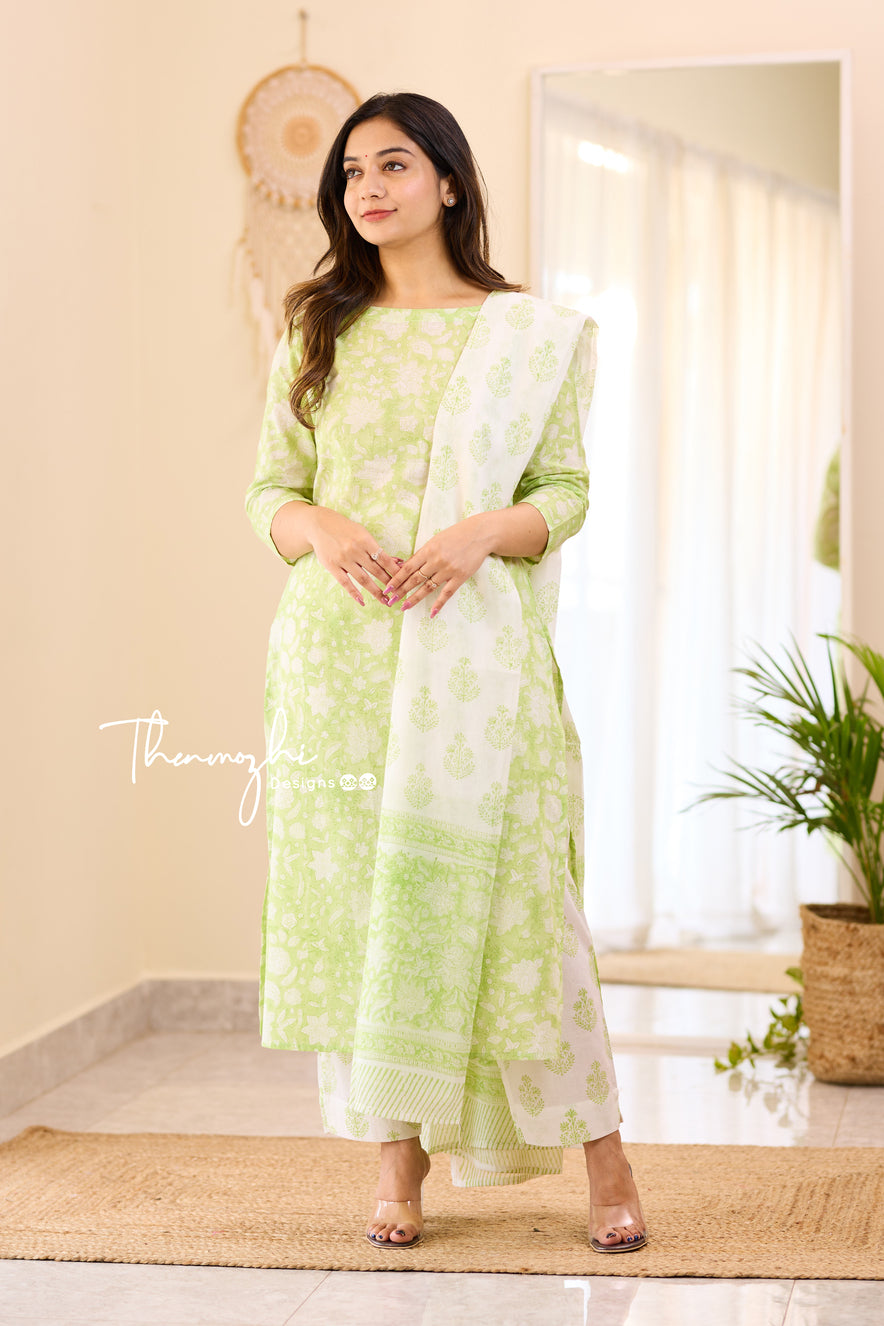 Hanita - Green Cotton Suit Set With Cotton Dupatta
