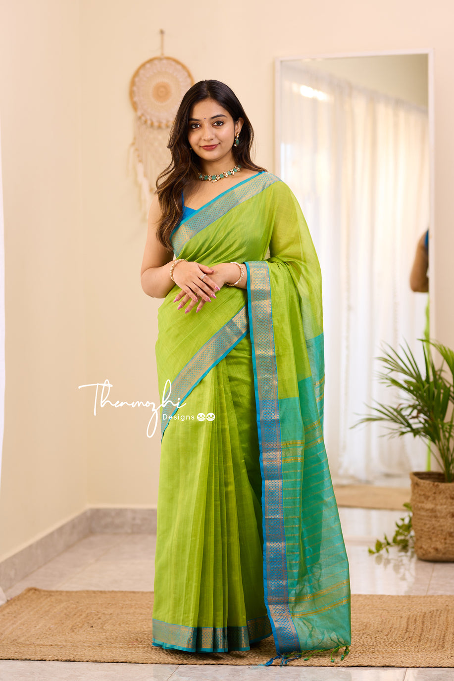 Green and Blue Handwoven Mangalagiri Silk Cotton Saree