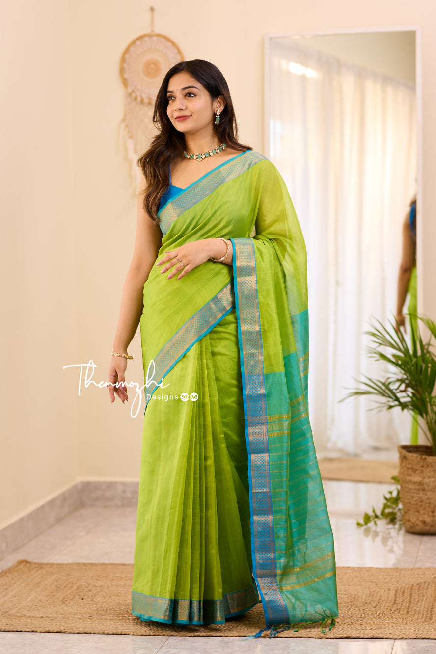 Green and Blue Handwoven Mangalagiri Silk Cotton Saree