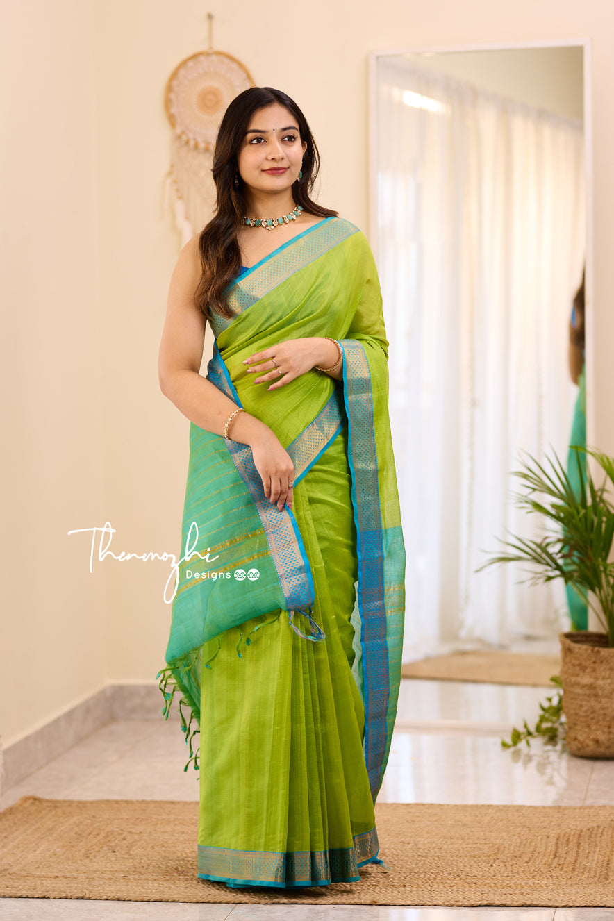 Green and Blue Handwoven Mangalagiri Silk Cotton Saree
