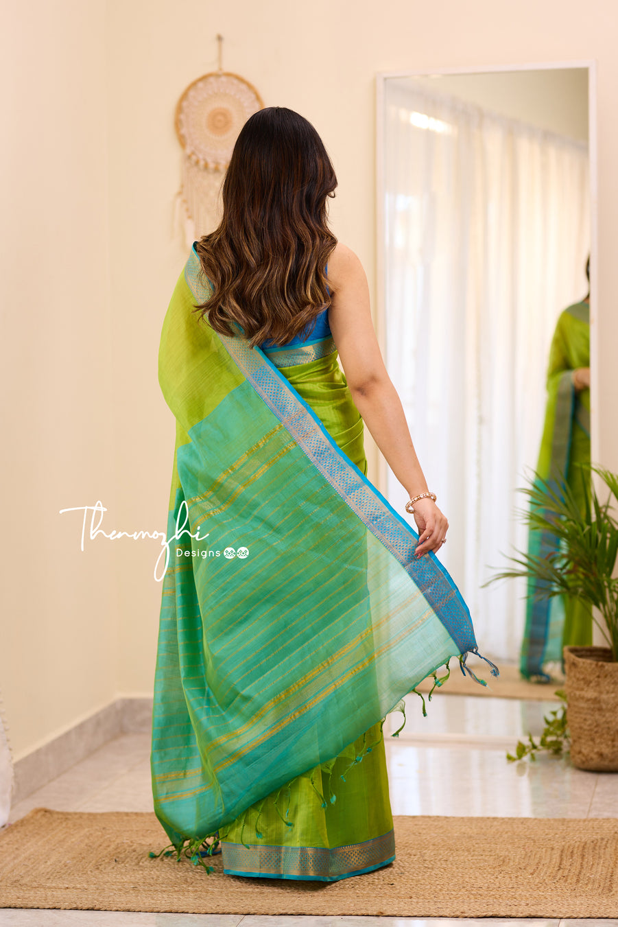 Green and Blue Handwoven Mangalagiri Silk Cotton Saree
