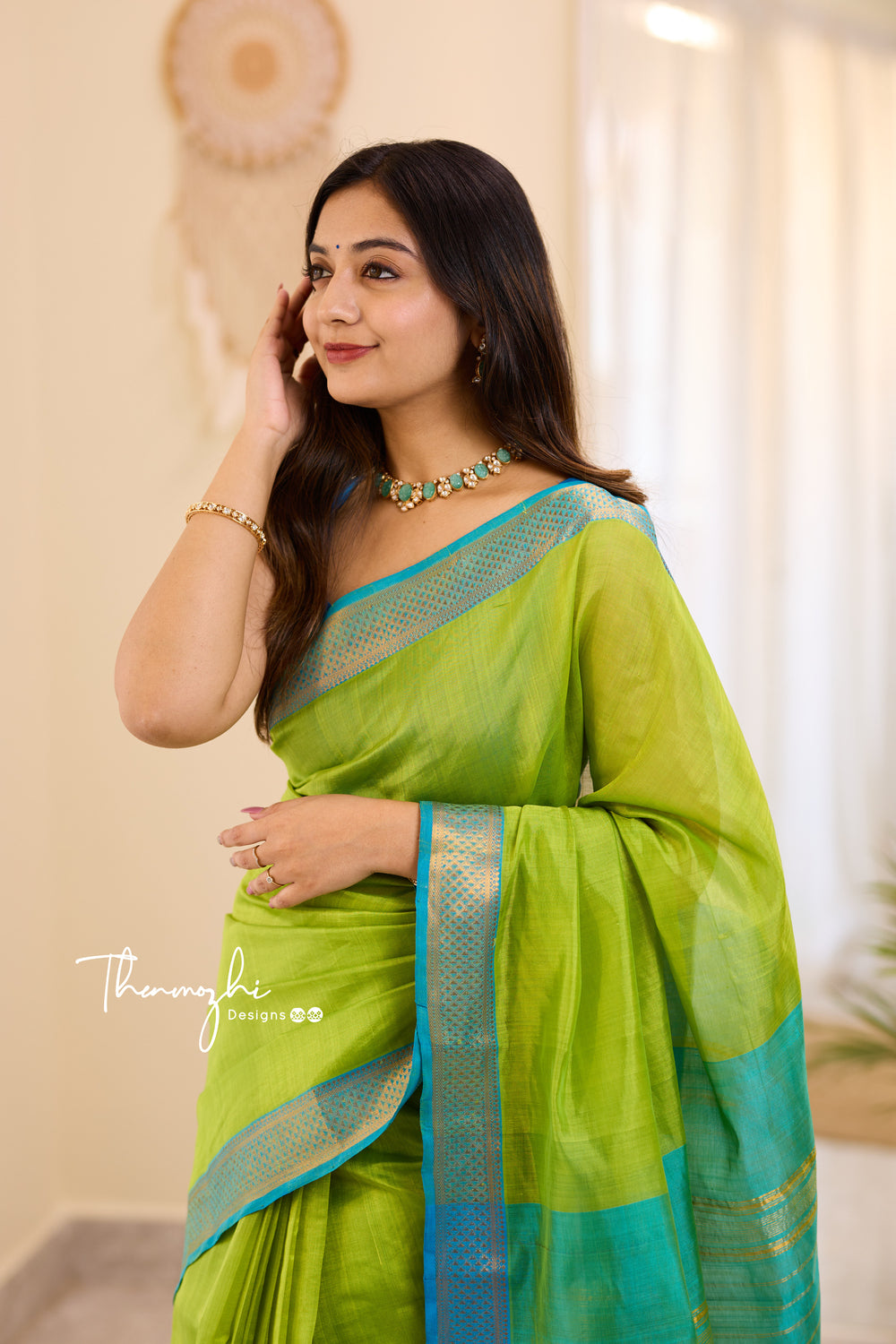 Green and Blue Handwoven Mangalagiri Silk Cotton Saree