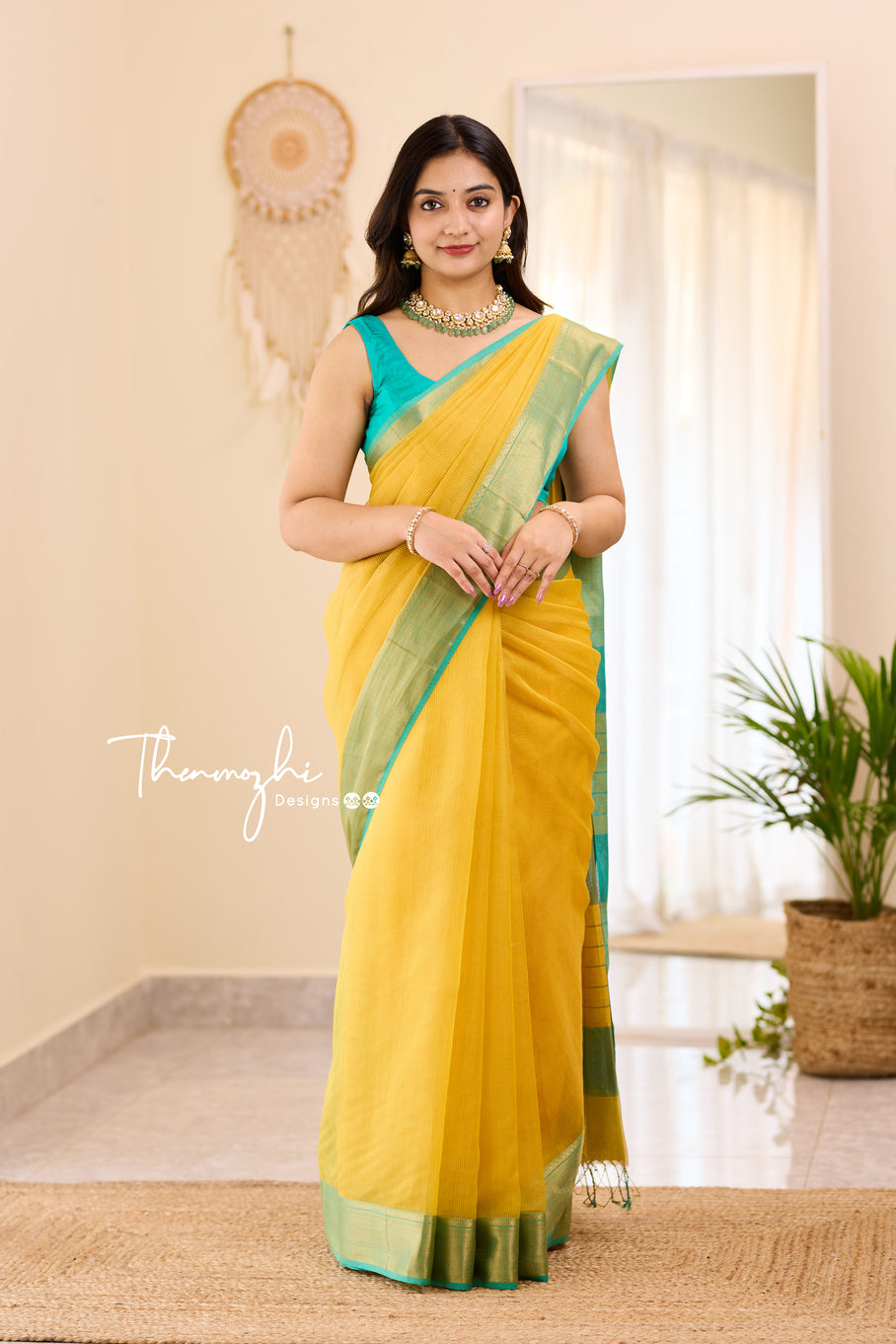 Hridaya  (Bright Yellow) - Yellow Maheswari Tissue Silk Cotton Saree