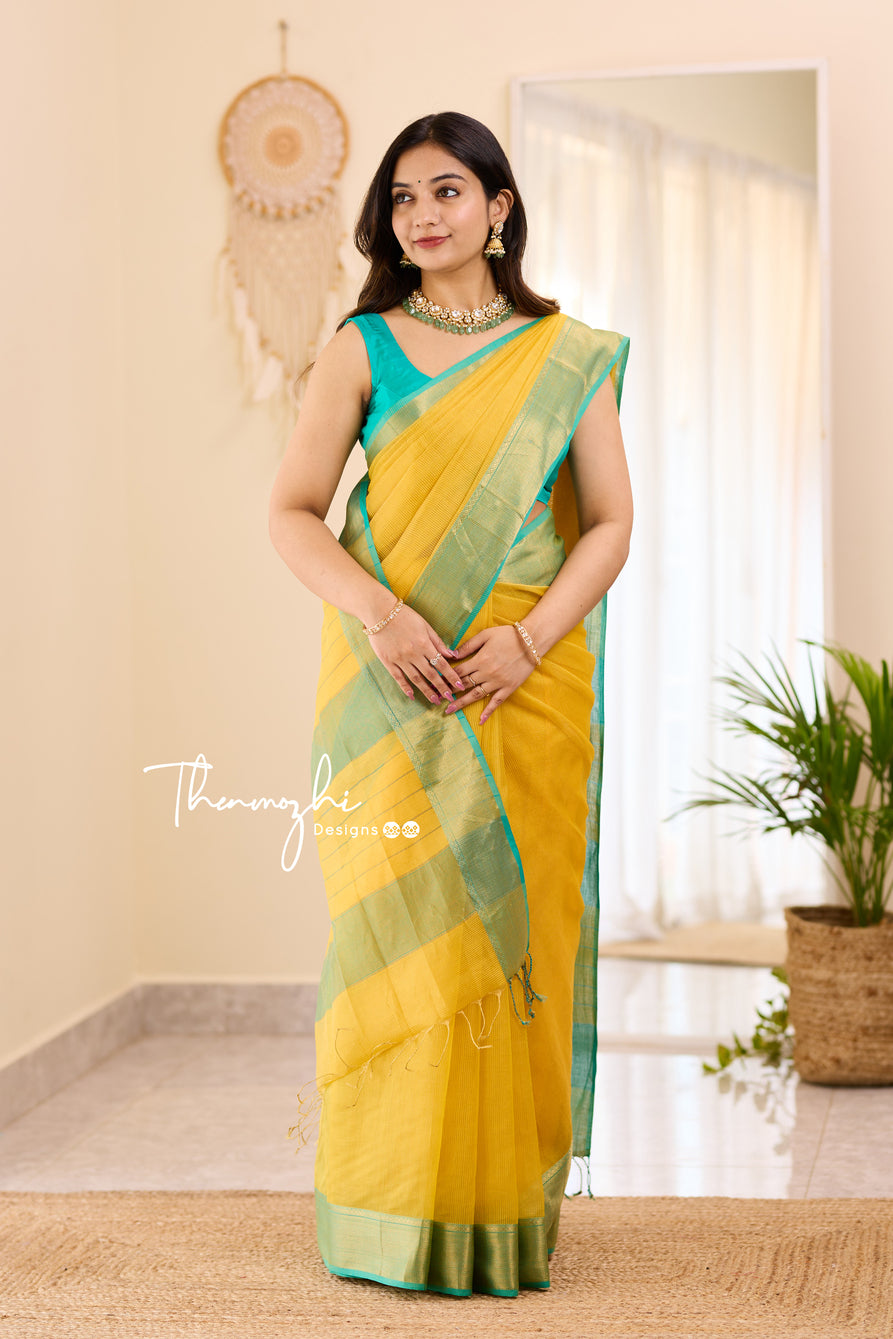 Hridaya  (Bright Yellow) - Yellow Maheswari Tissue Silk Cotton Saree