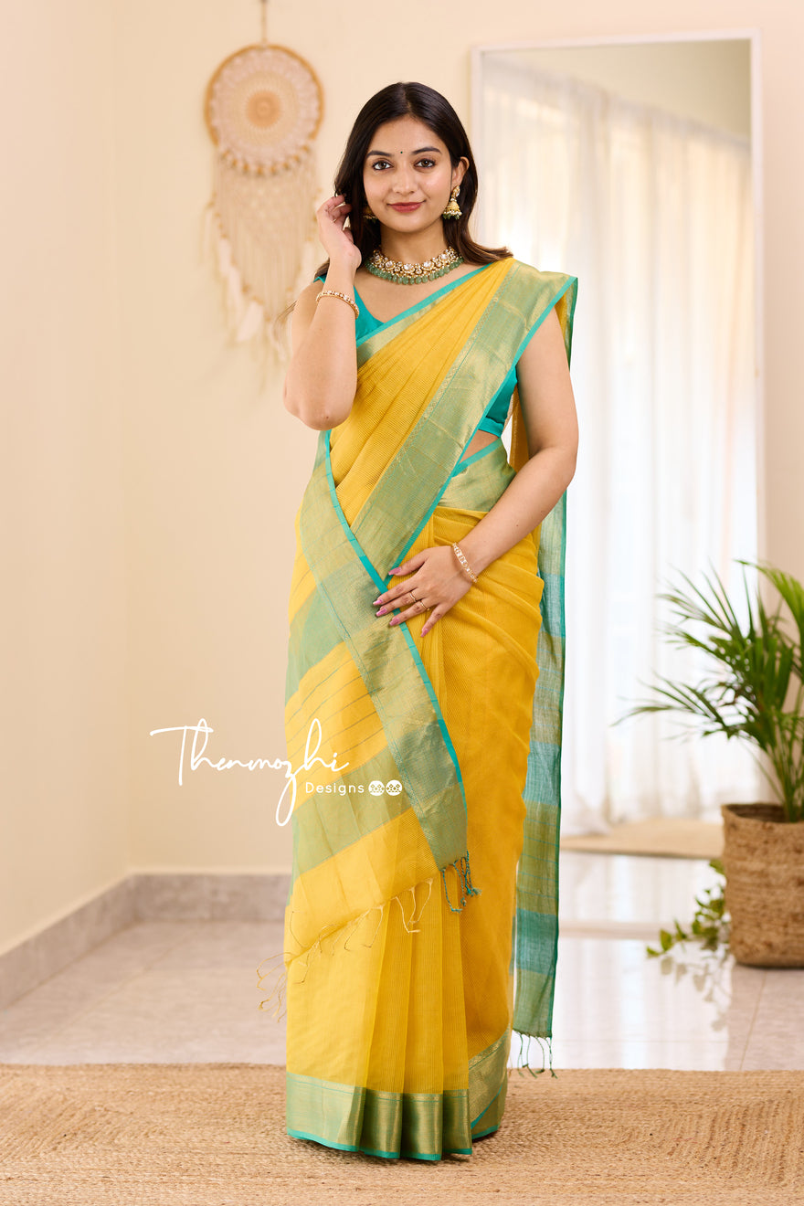 Hridaya  (Bright Yellow) - Yellow Maheswari Tissue Silk Cotton Saree