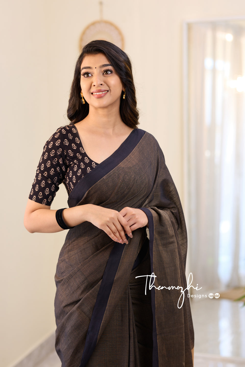 Chocolate Oreo - Black Mangalagiri Plain Cotton Saree