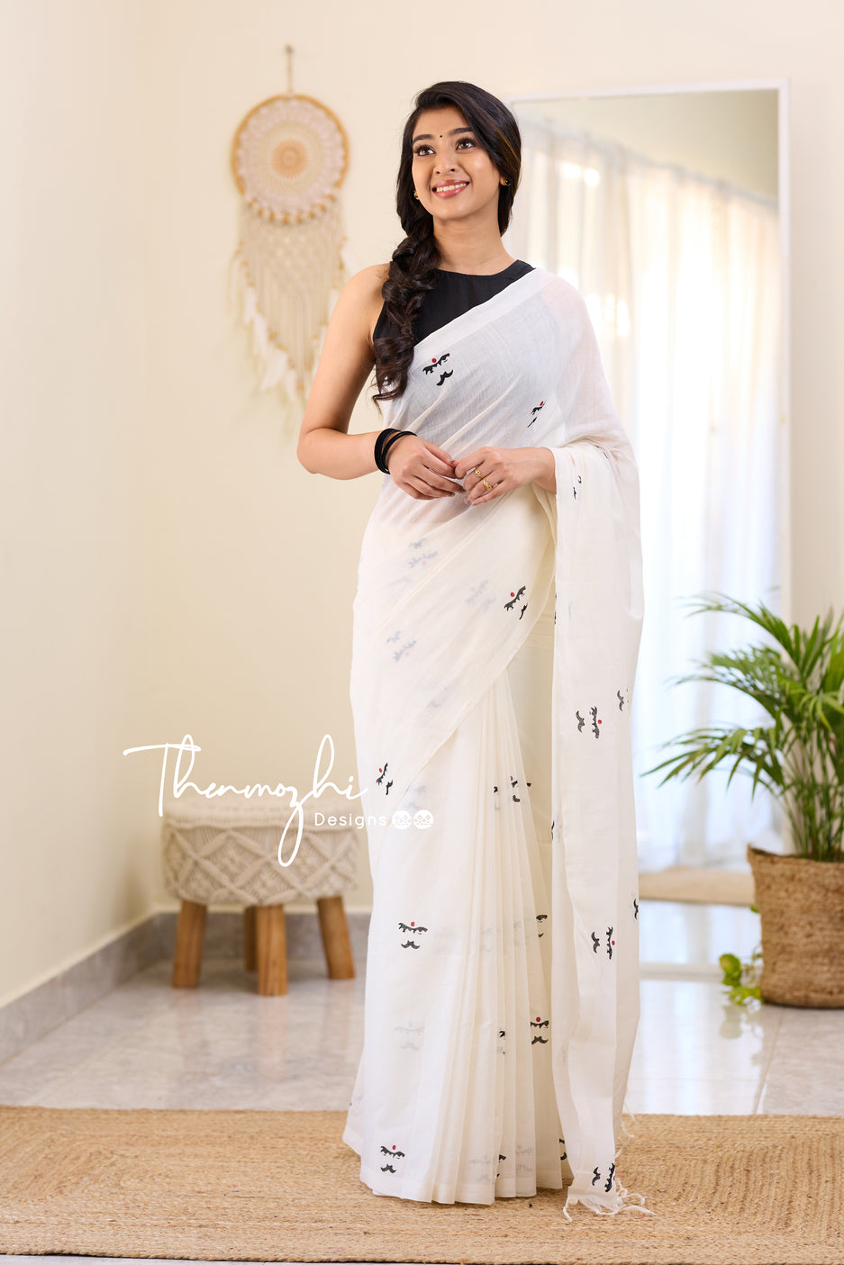 Bharathiyar - White Mangalagiri Block Print Cotton Saree