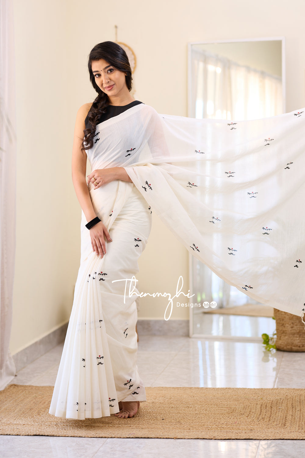 Bharathiyar - White Mangalagiri Block Print Cotton Saree